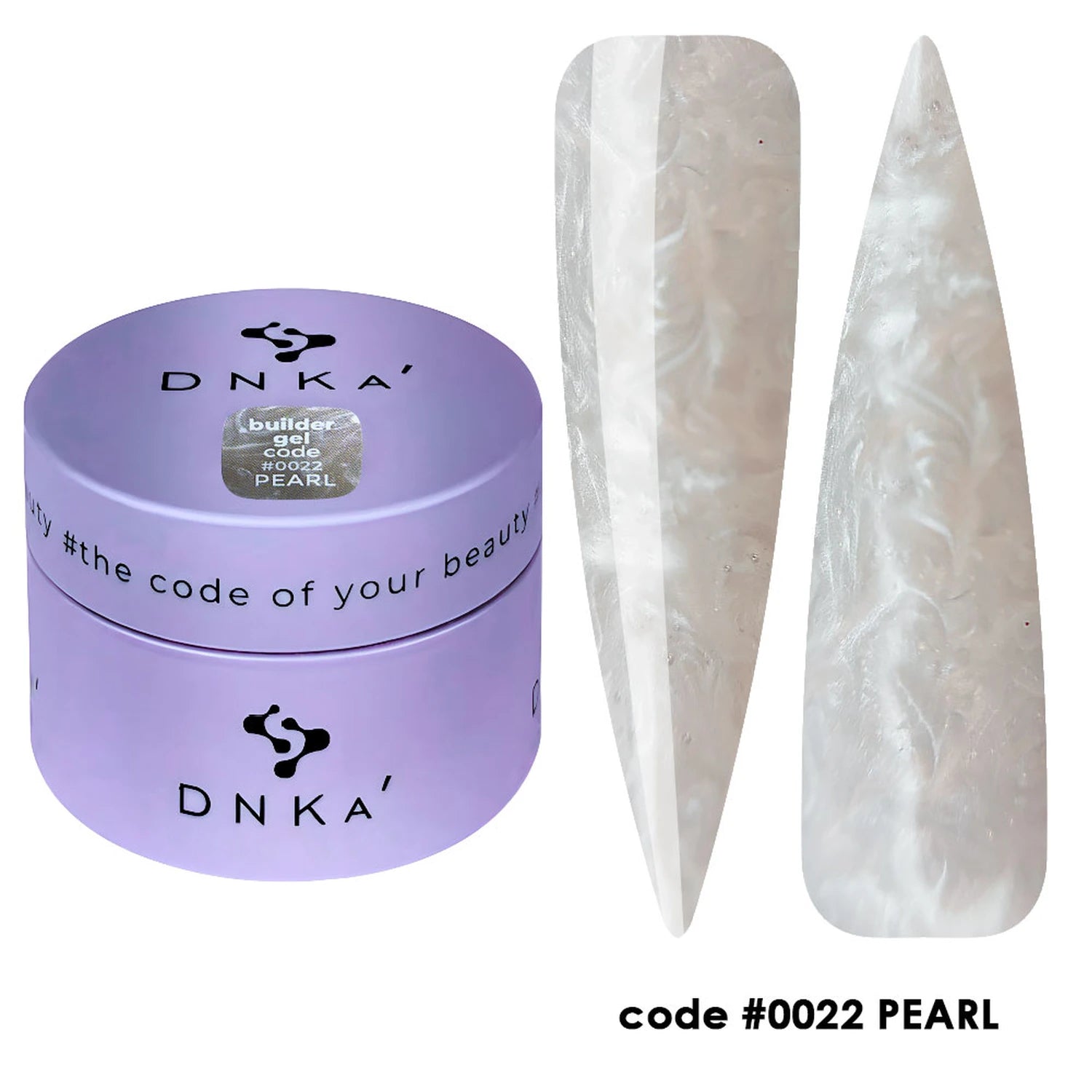 Pearl builder gel for nails in lavender container with two marble effect nail samples, code 0022.