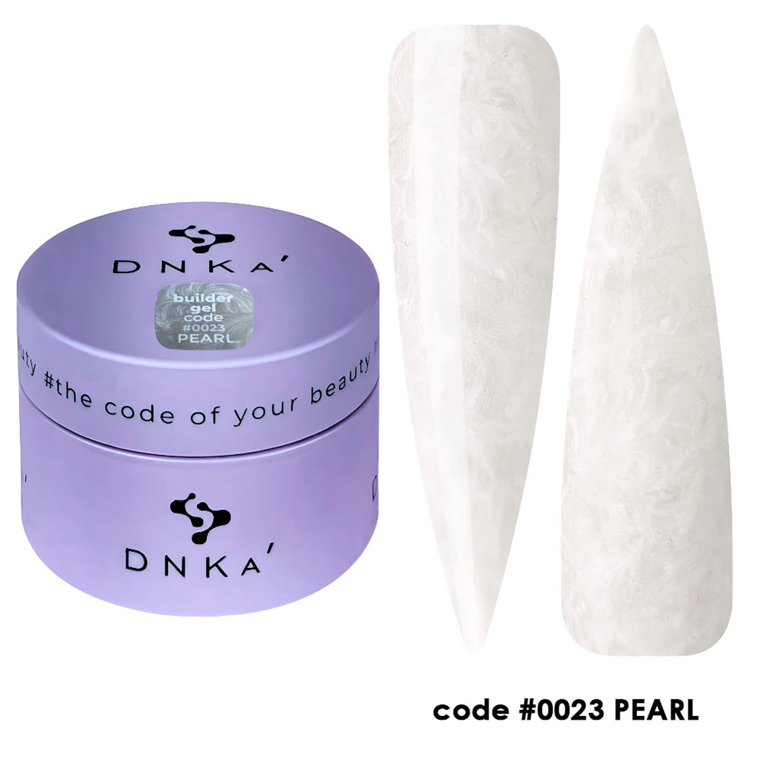 Pearl white builder gel in a purple jar with two marble effect nail samples, code 0023.