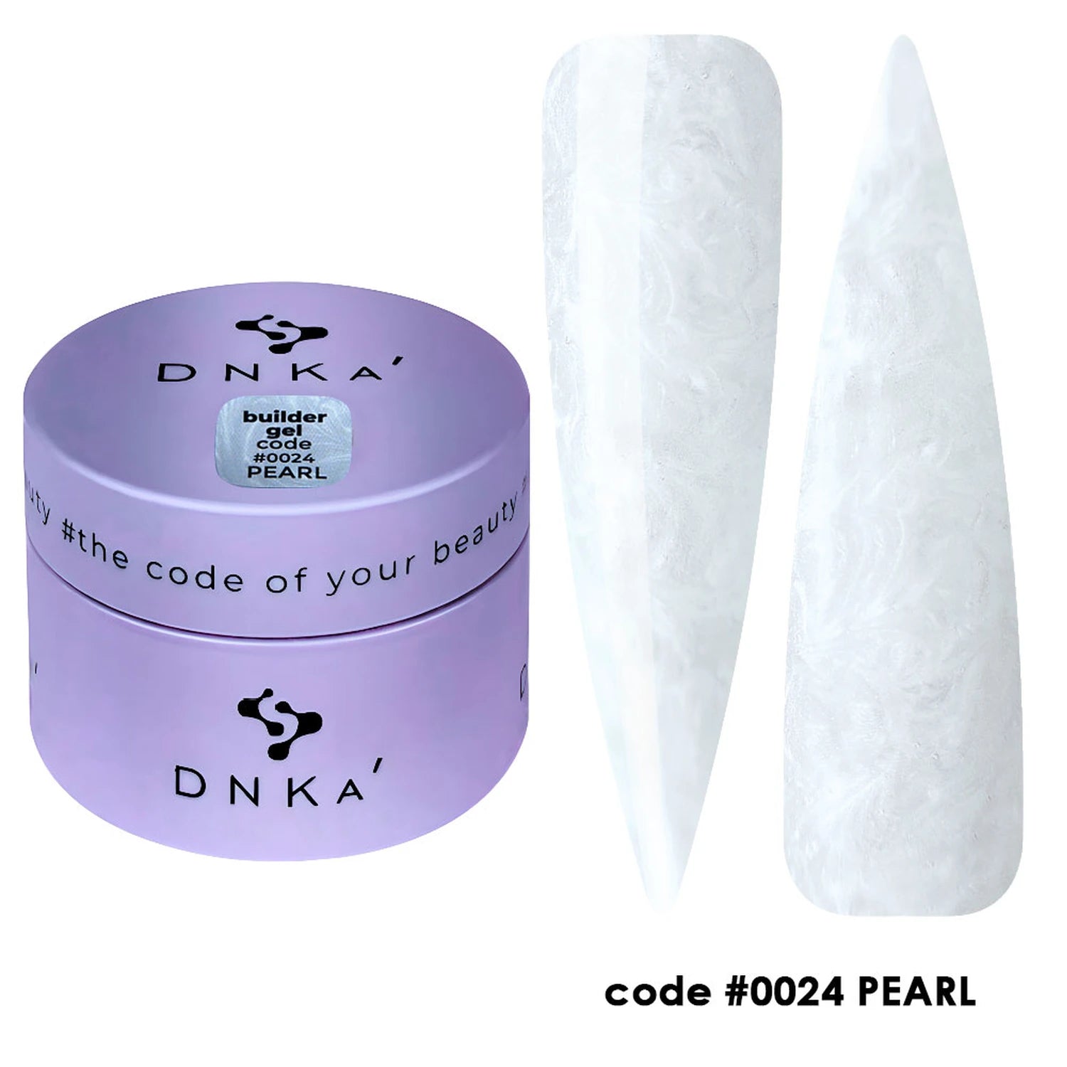DNKA builder gel jar in lavender with two long pearl white nail samples, code 0024 PEARL