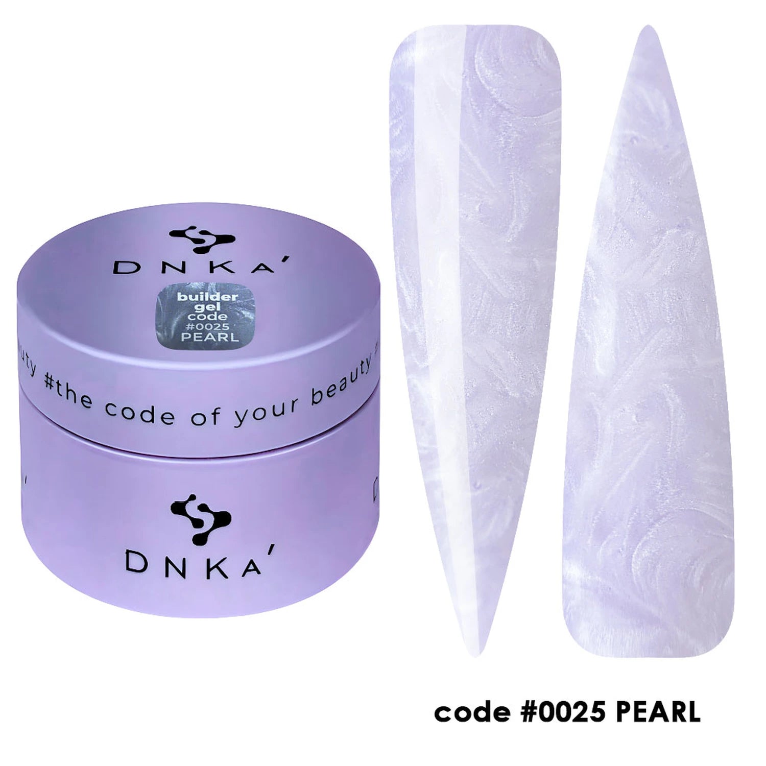 Lavender builder gel jar with code #0025 PEARL and two pearlescent nail swatches.