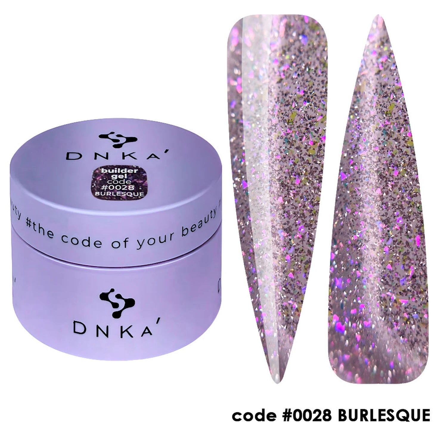 Purple glitter nail builder gel in a jar with swatches, code 0028 Burlesque