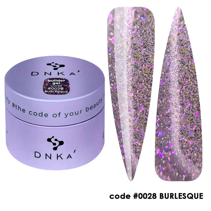 Purple glitter nail builder gel in a jar with swatches, code 0028 Burlesque