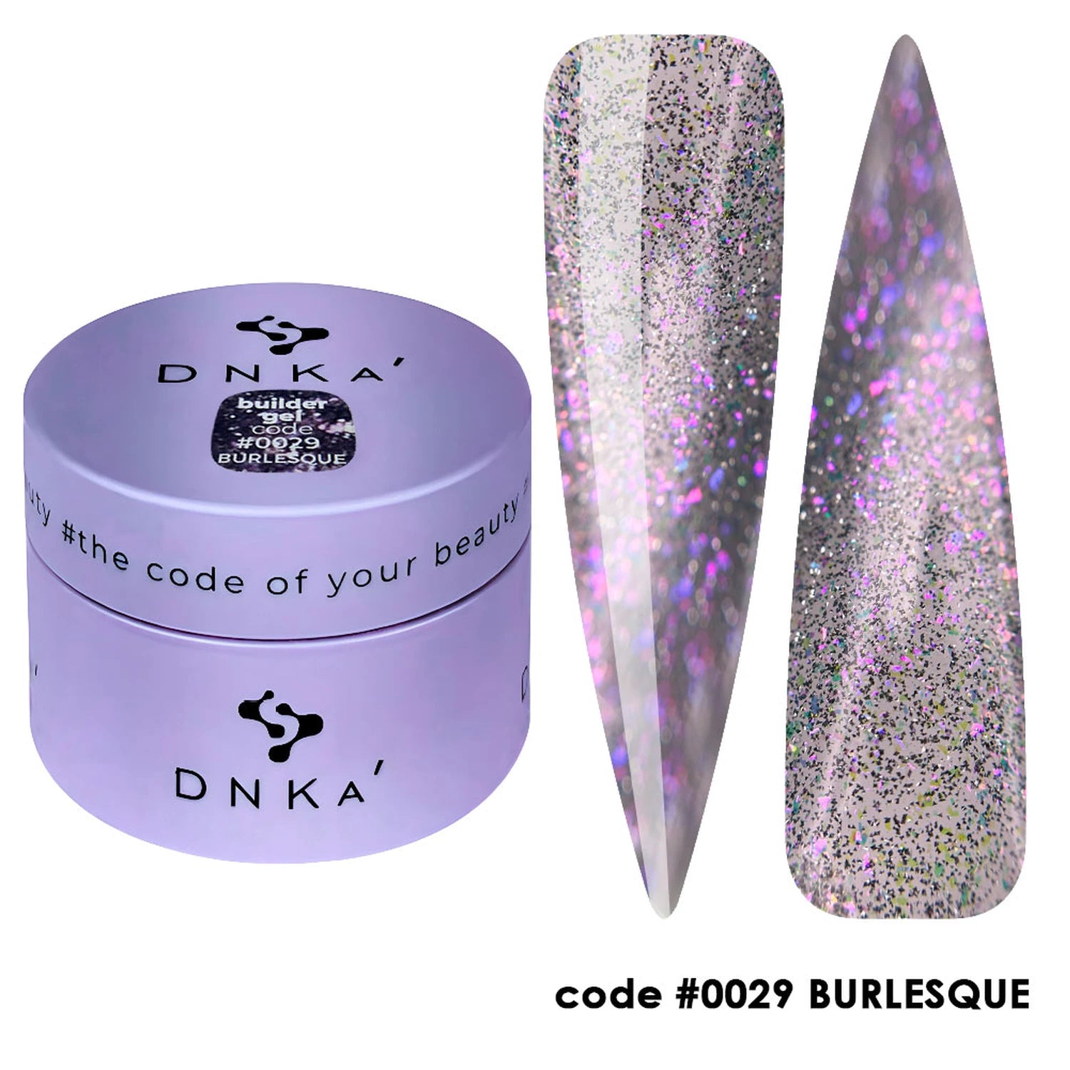 Builder gel in a lavender jar with glittery purple and silver nail samples, code 0029.