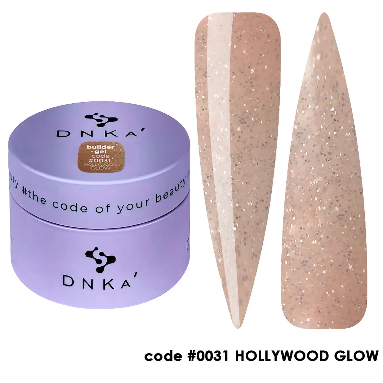 Builder gel jar with nude glitter shade swatches, code 0031 Hollywood Glow, for manicures