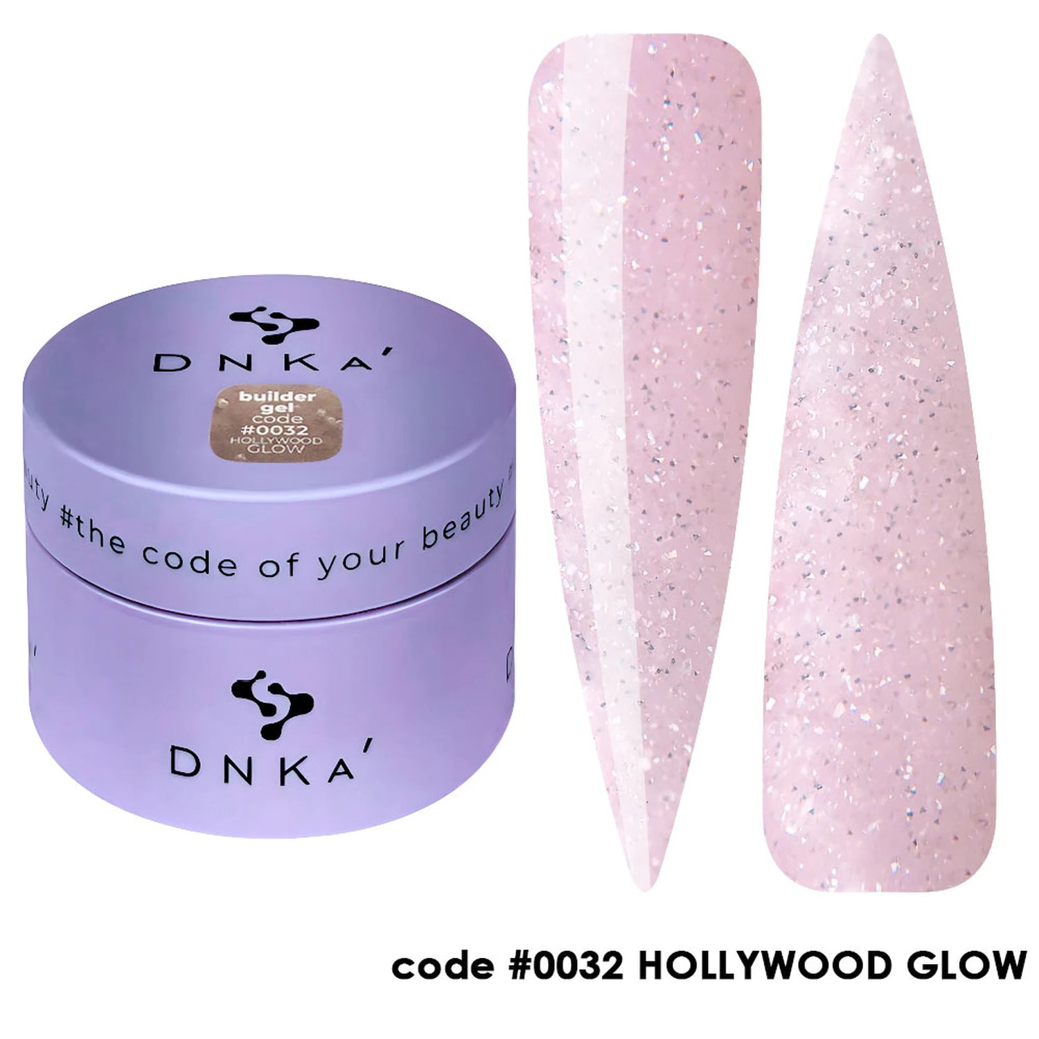 Light pink glitter builder gel in a purple DNKA jar with stiletto nail samples, code 0032 Hollywood Glow