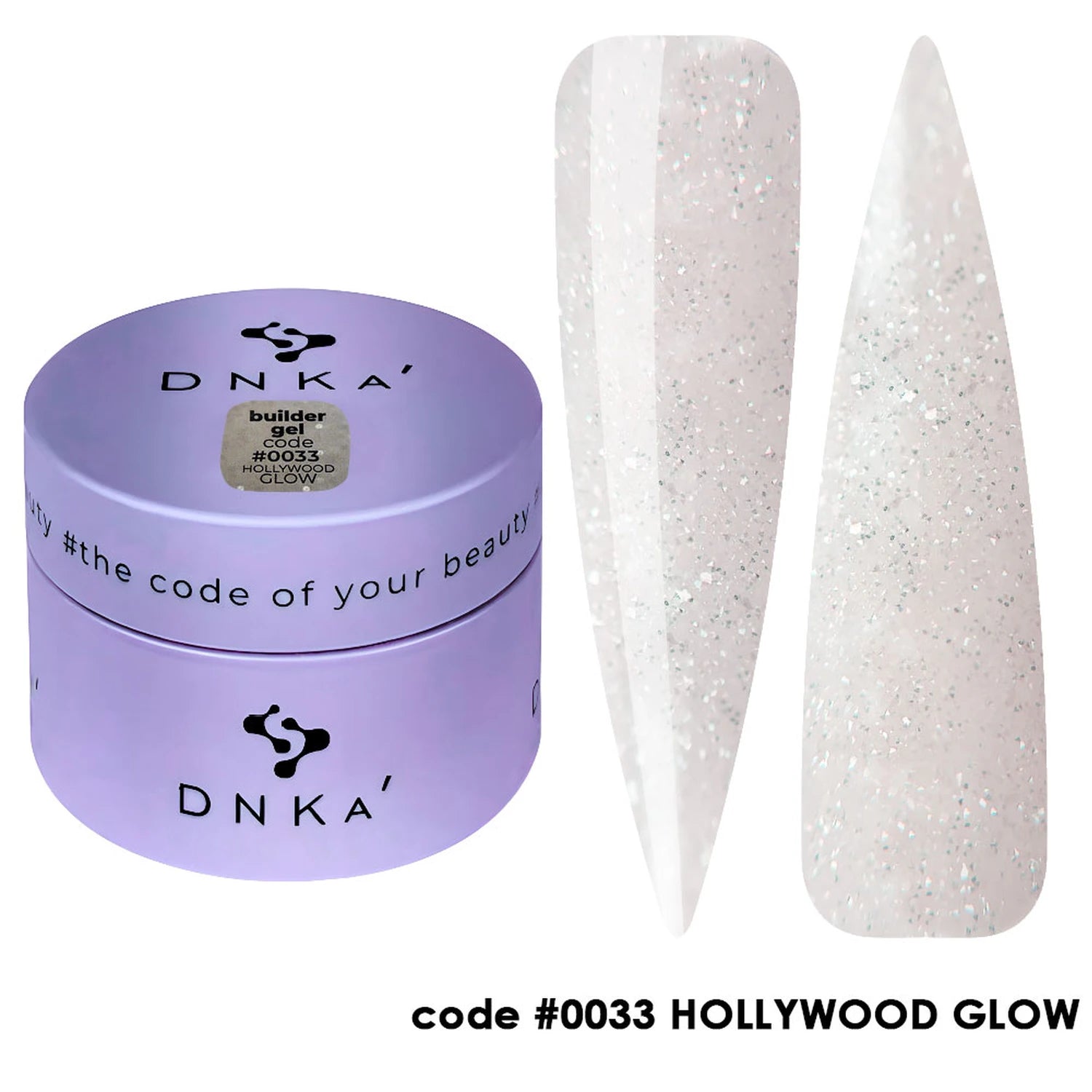Builder gel code 0033 Hollywood Glow in lavender jar with two glittery nail swatches