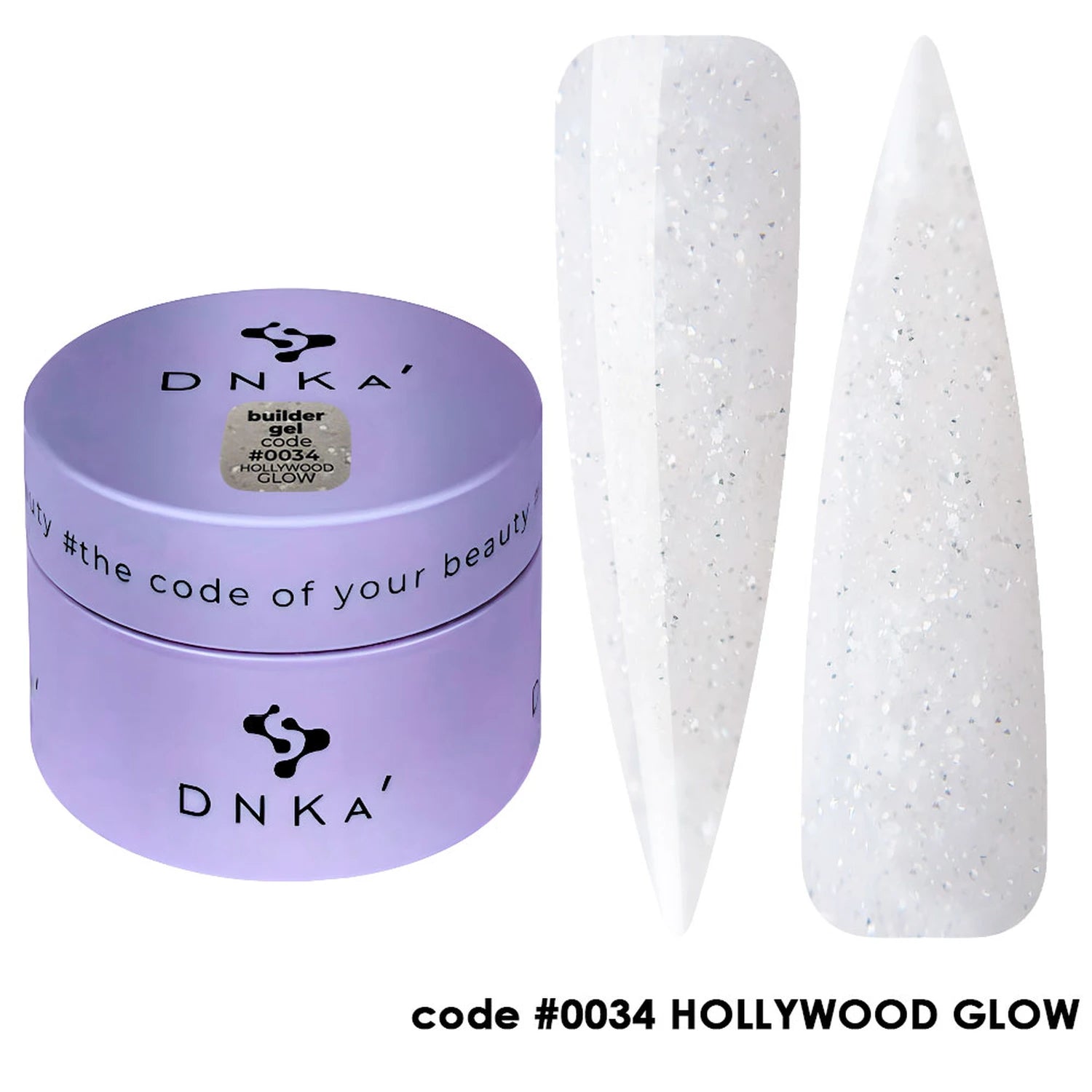 Builder gel in purple jar, code 0034 Hollywood Glow, with white glitter nail swatches