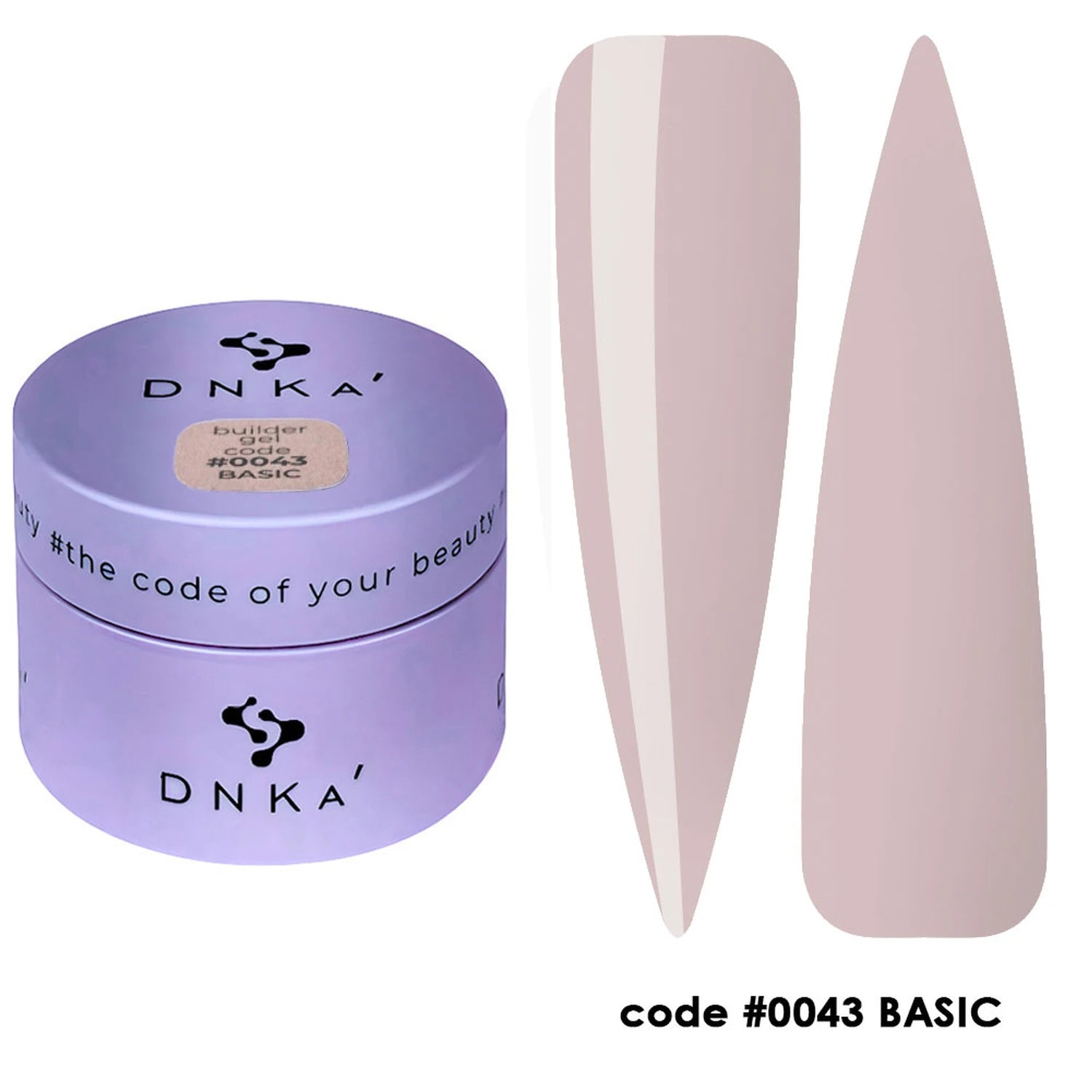 Light nude builder gel in purple DNKA jar with two nail color swatches, code 0043 BASIC.
