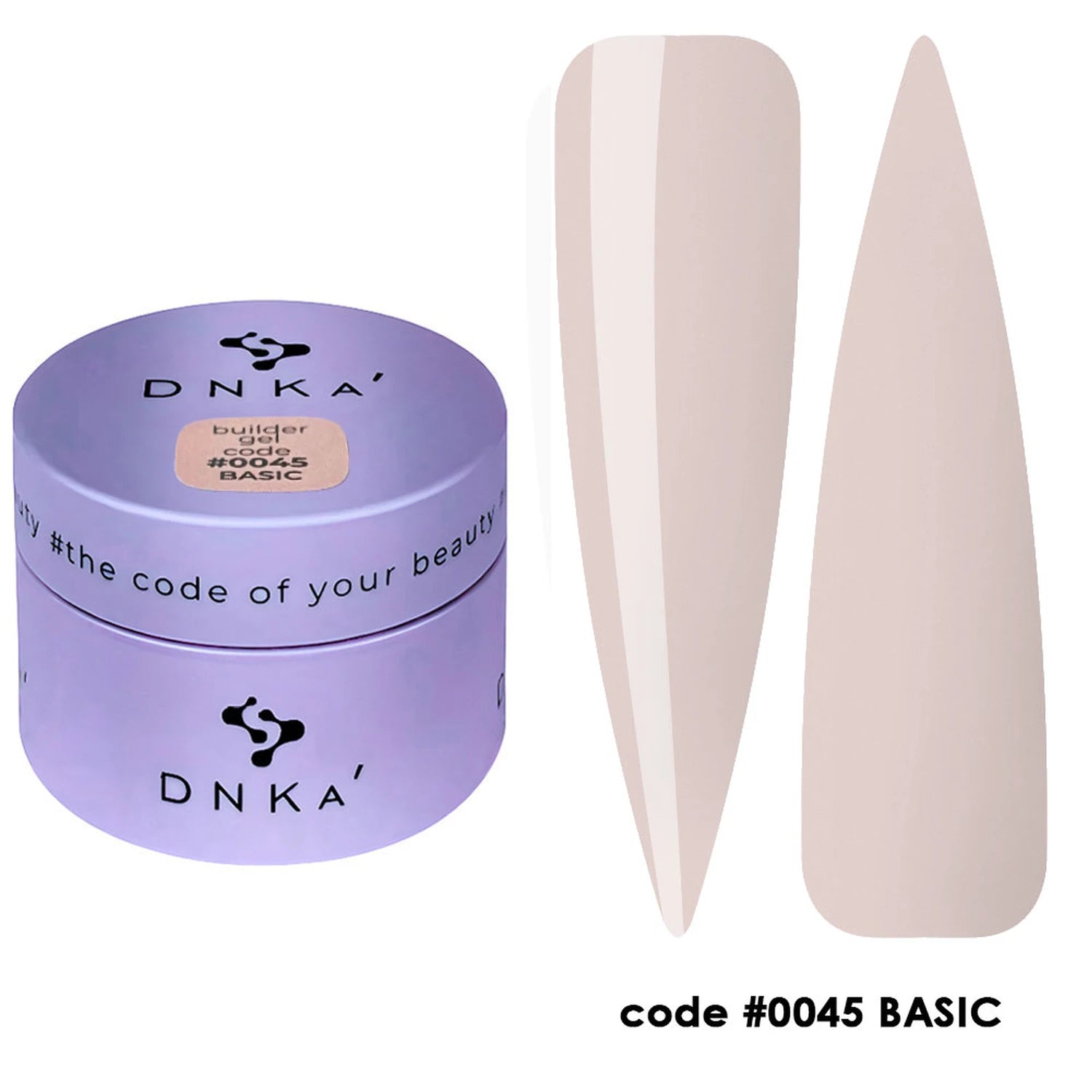Light nude builder gel for nails in purple jar with swatches, code 0045 BASIC