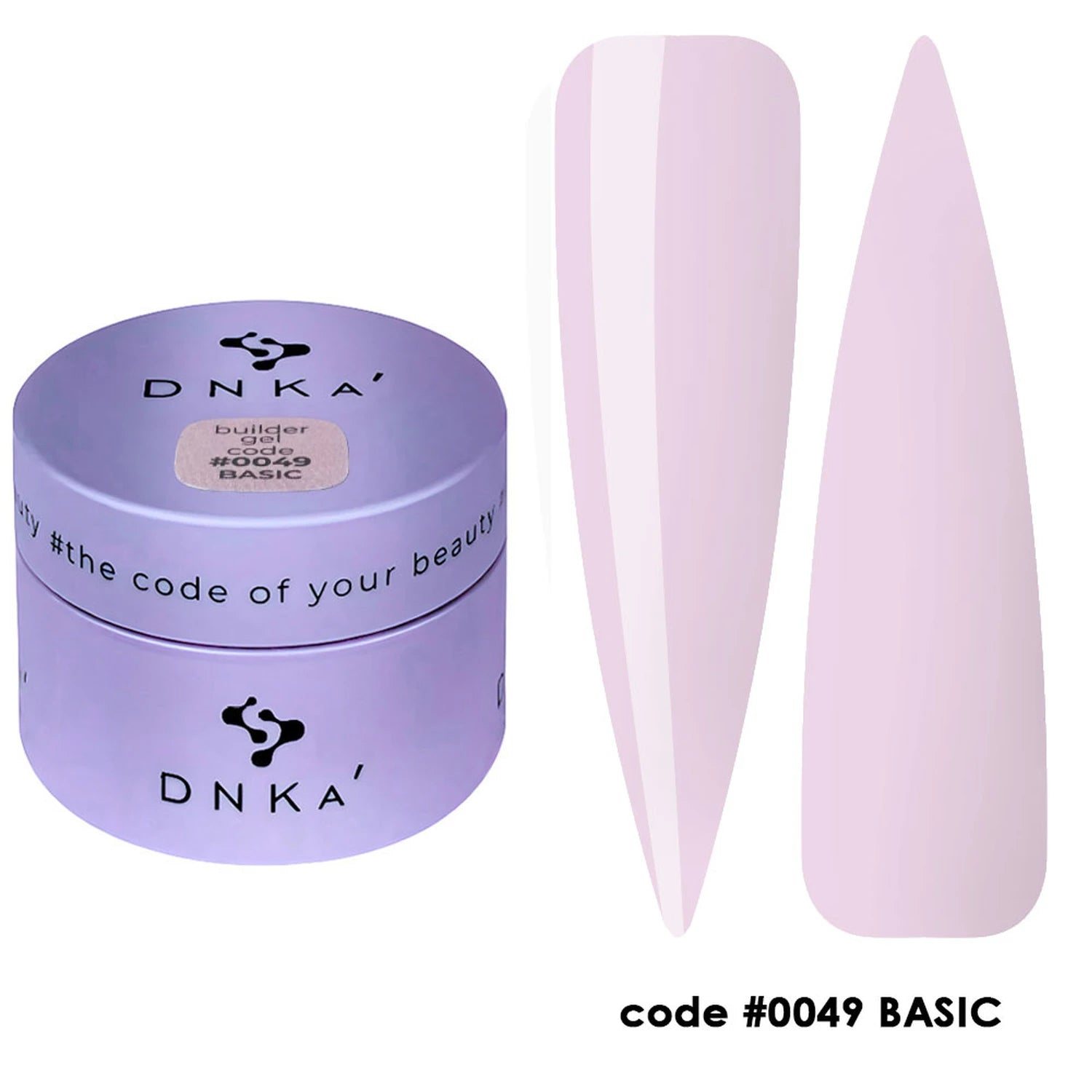 Light pink builder gel for nails in a purple jar with two nail shape samples, code 0049 BASIC.