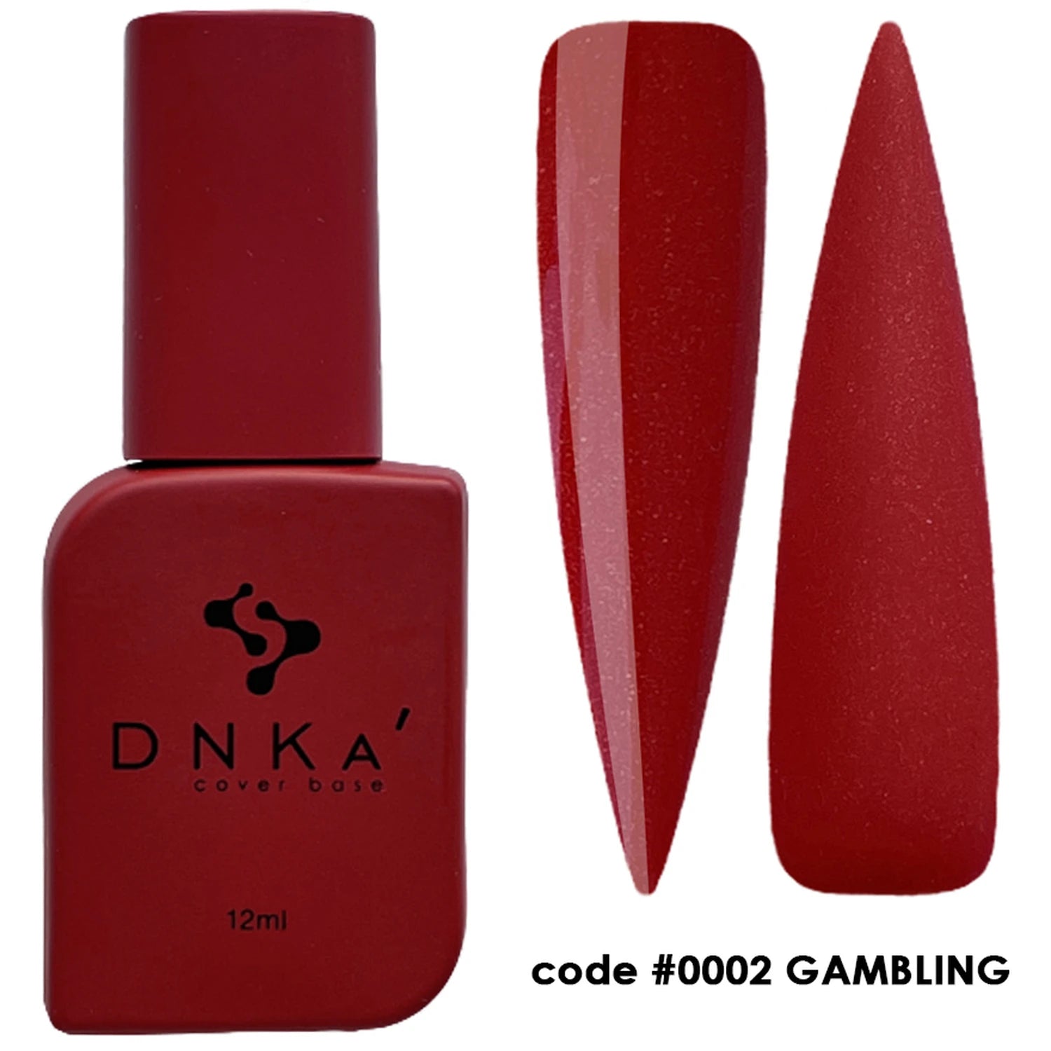 Red DNKA cover base gel polish bottle with glossy and matte nail swatches, code 0002 GAMBLING.