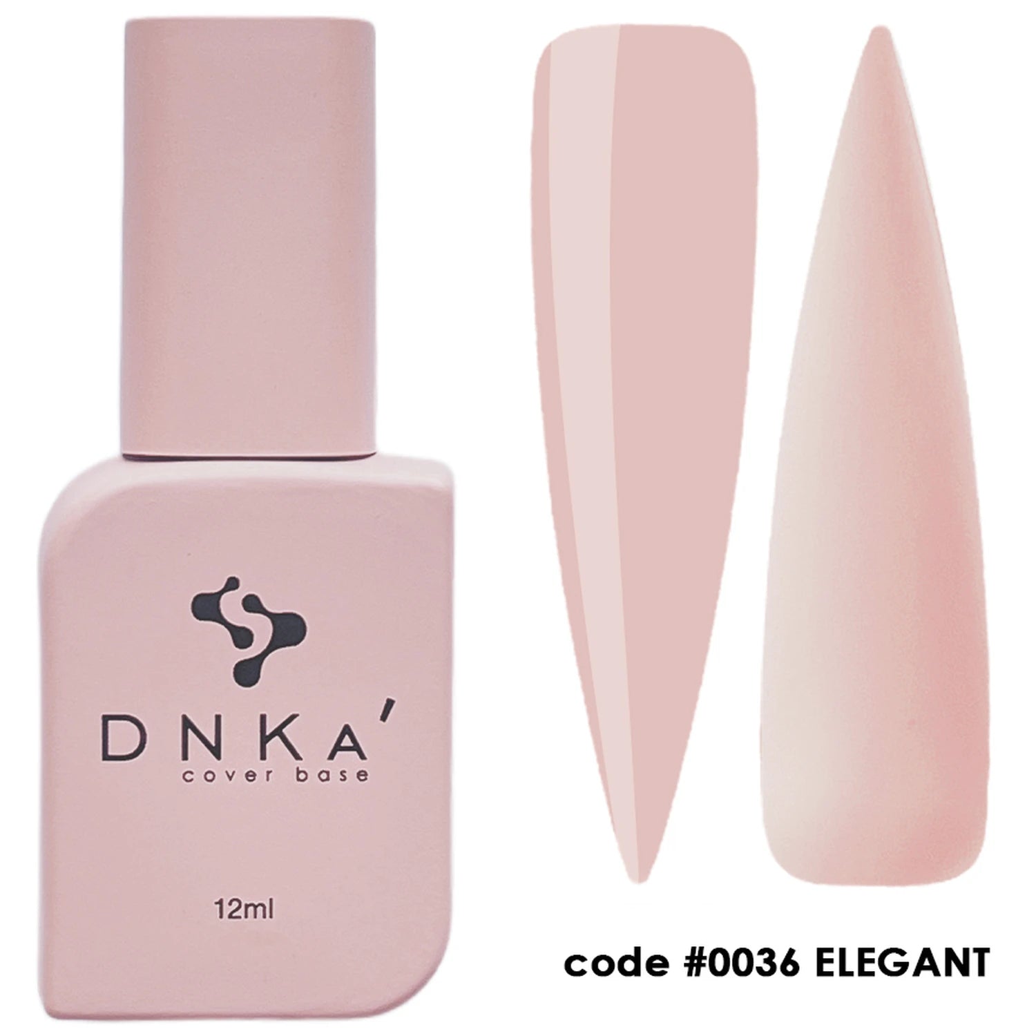 Light pink gel nail polish bottle with color swatches, code 0036 Elegant, manicure product