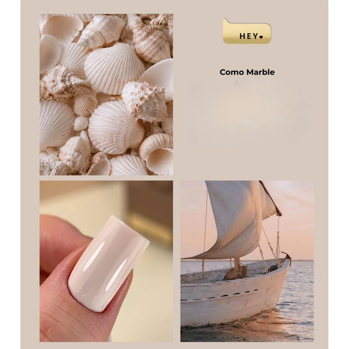 A beige-toned collage showing a glossy pale pink nail polish swatch on a finger, a close-up of assorted seashells, and a sailboat on the water, with text reading 'HEY' and 'Como Marble'.