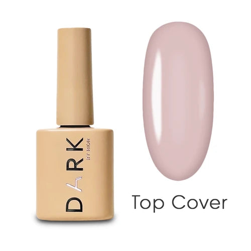 Beige bottle of gel polish beside glossy nude pink nail sample labeled Top Cover