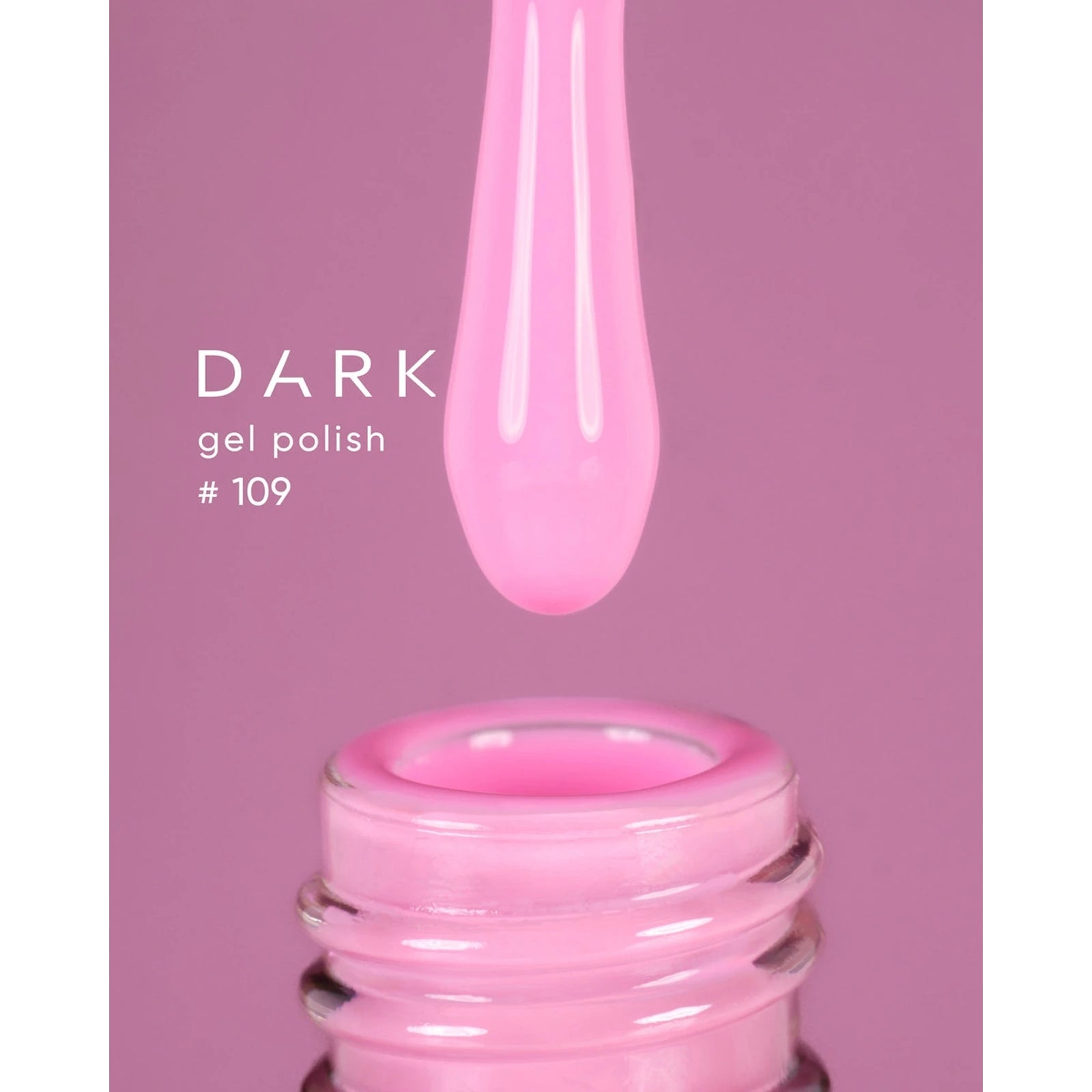 Pink gel polish bottle with brush, labeled DARK gel polish #109, for manicures and nail art
