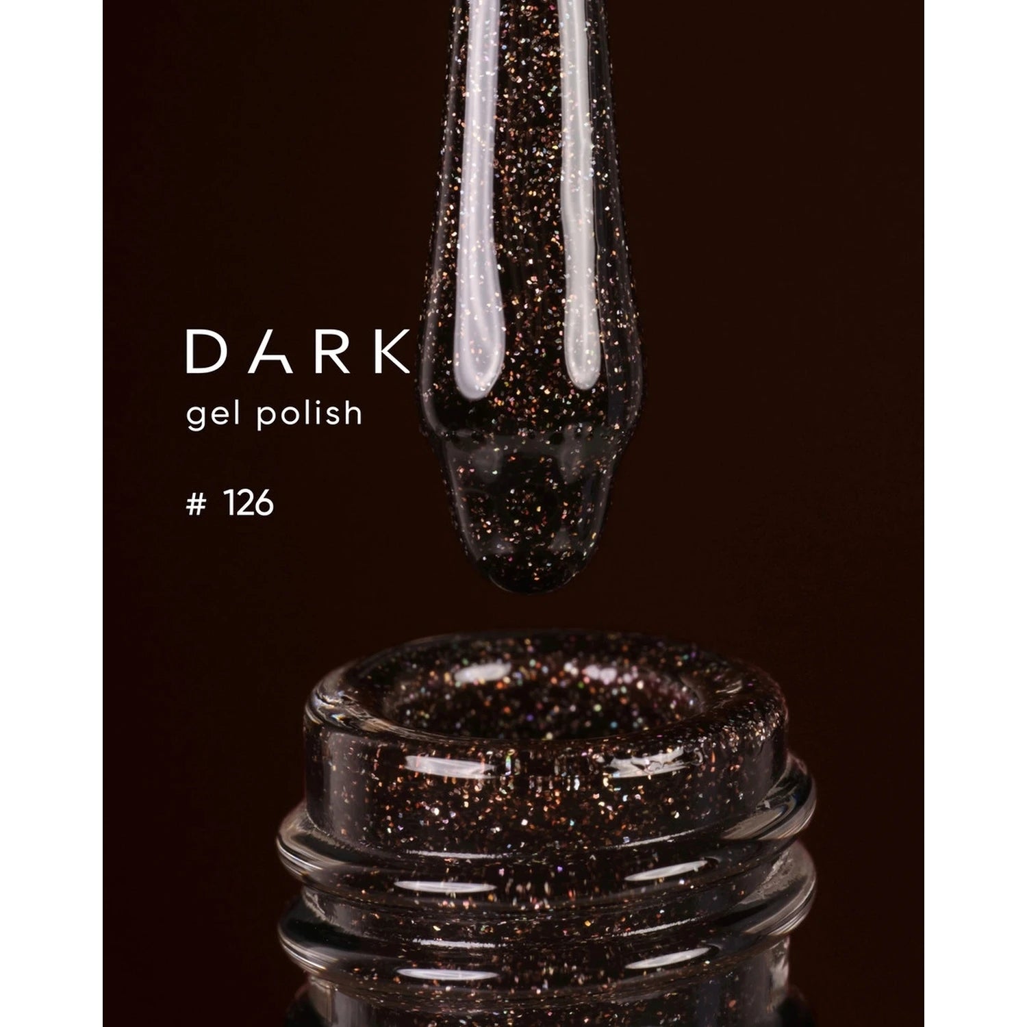 Dark gel polish #126 with black and copper glitter in an open nail polish bottle