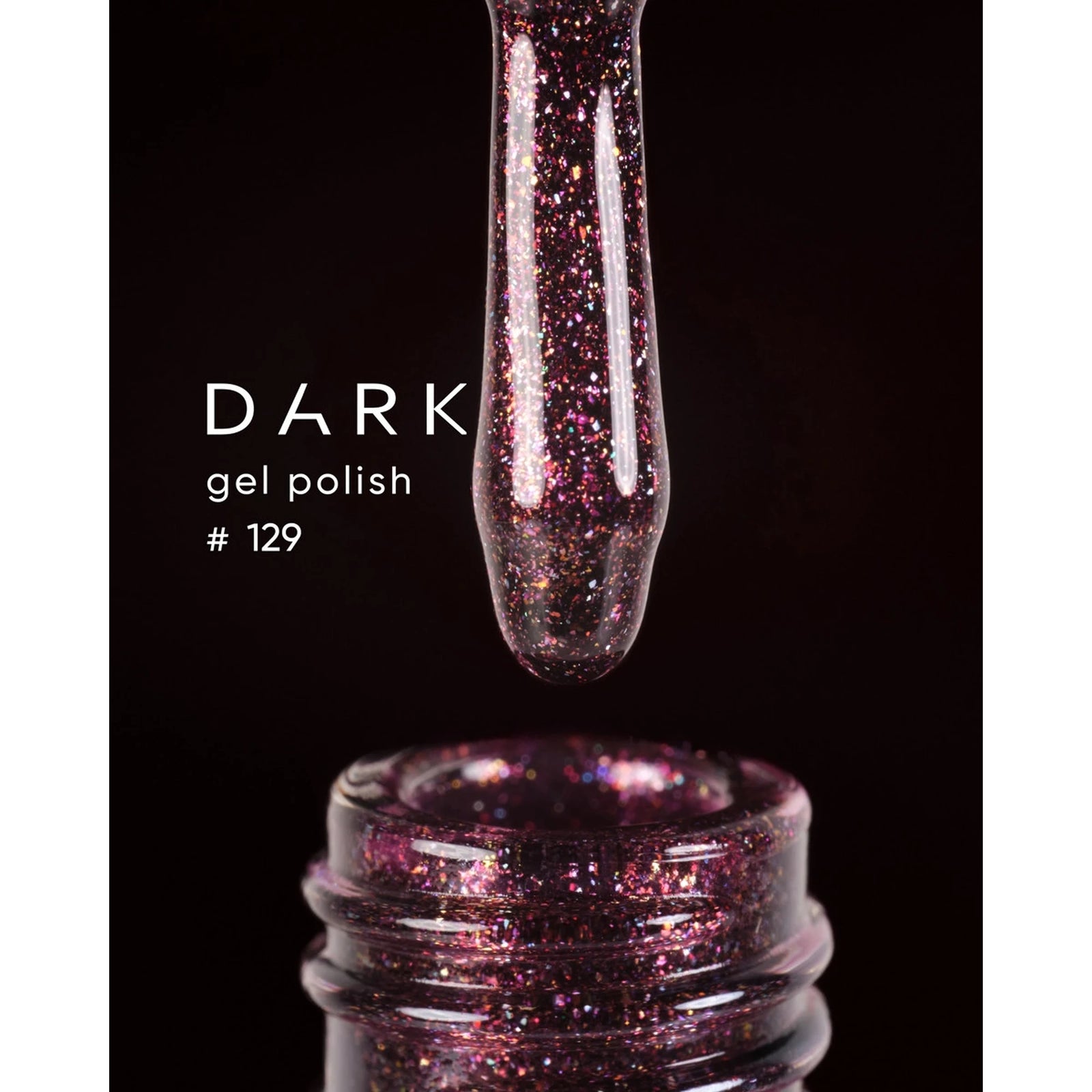 Dark gel polish #129 with shimmering glitter in an open nail polish bottle