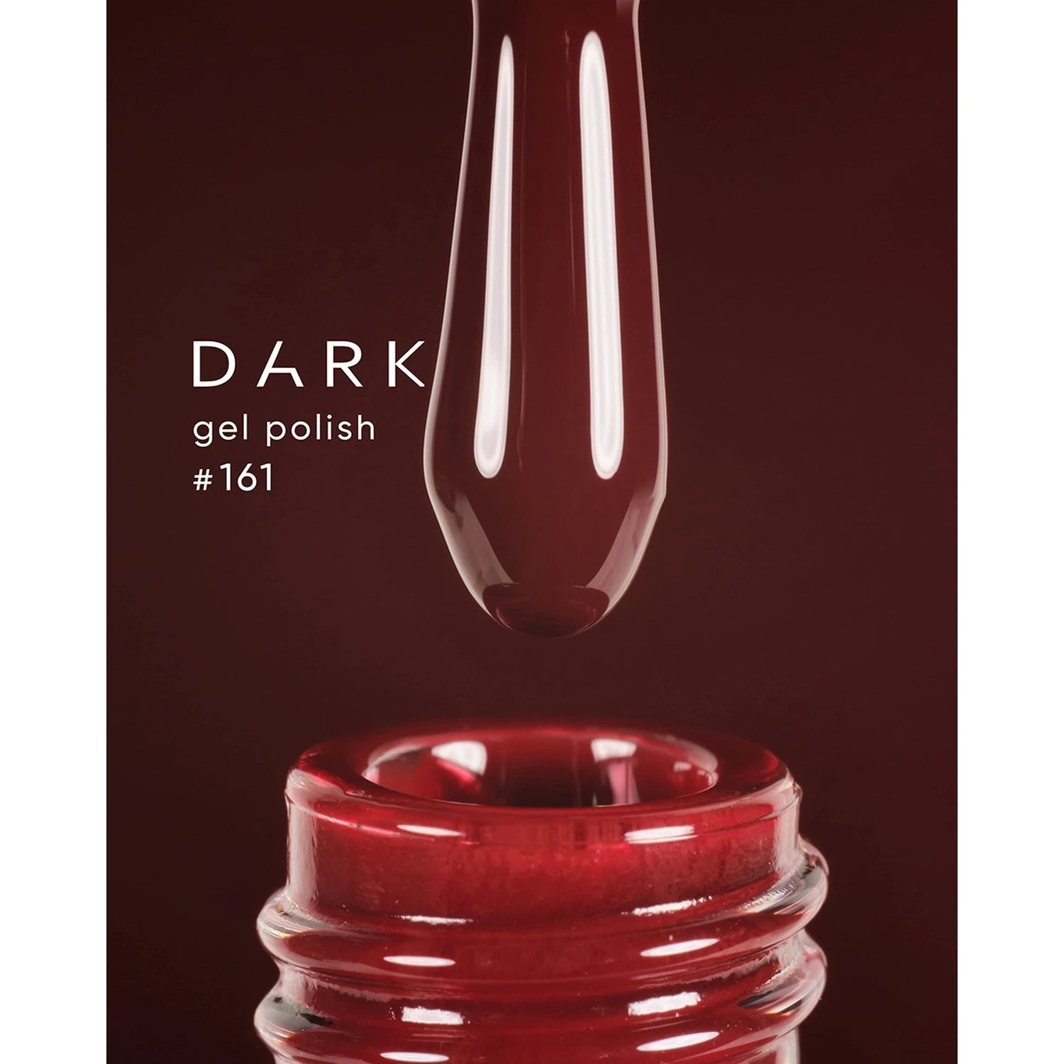 Dark red gel polish bottle with applicator brush and text 'Dark gel polish #161'.