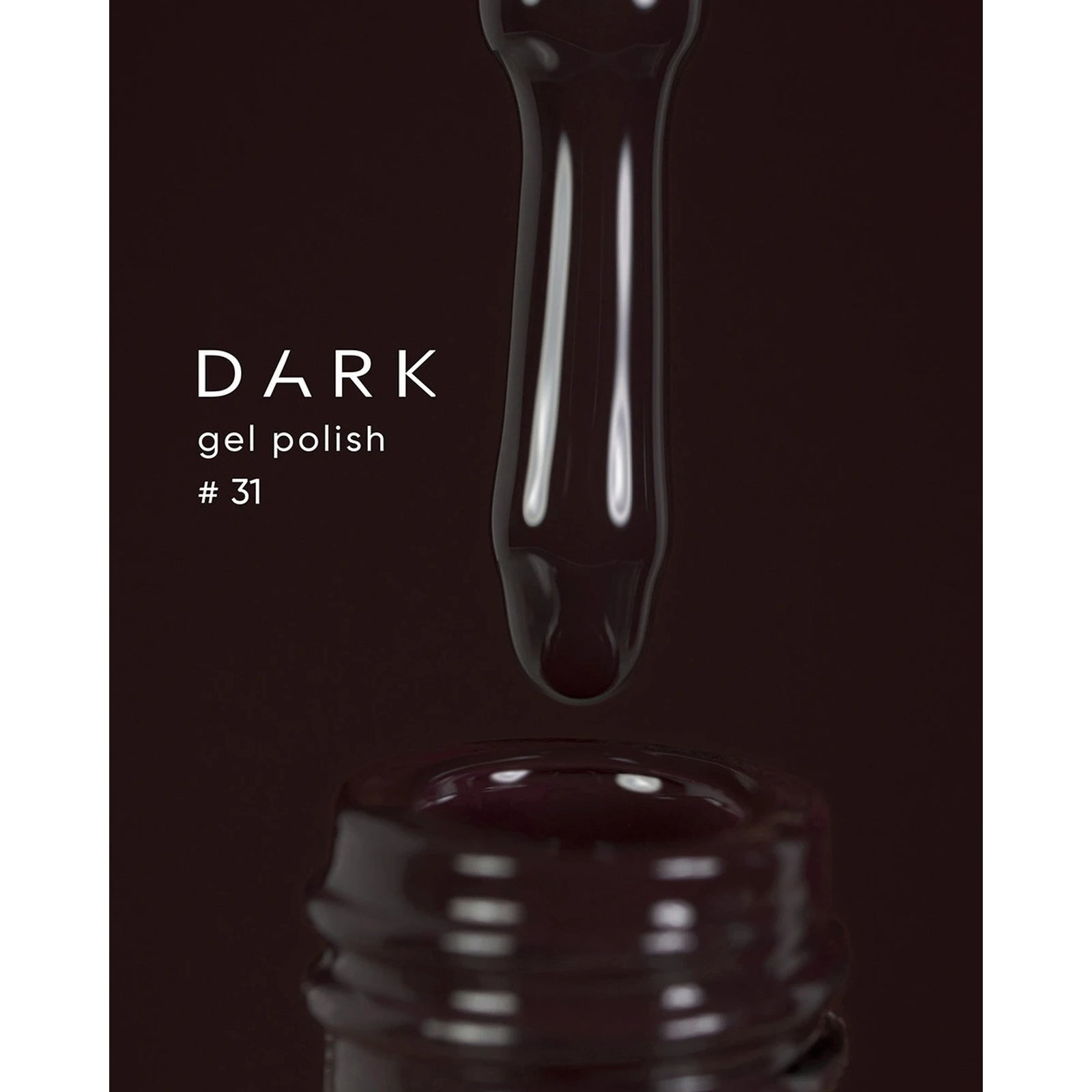 Dark gel nail polish #31 dripping from brush into open bottle, professional manicure product