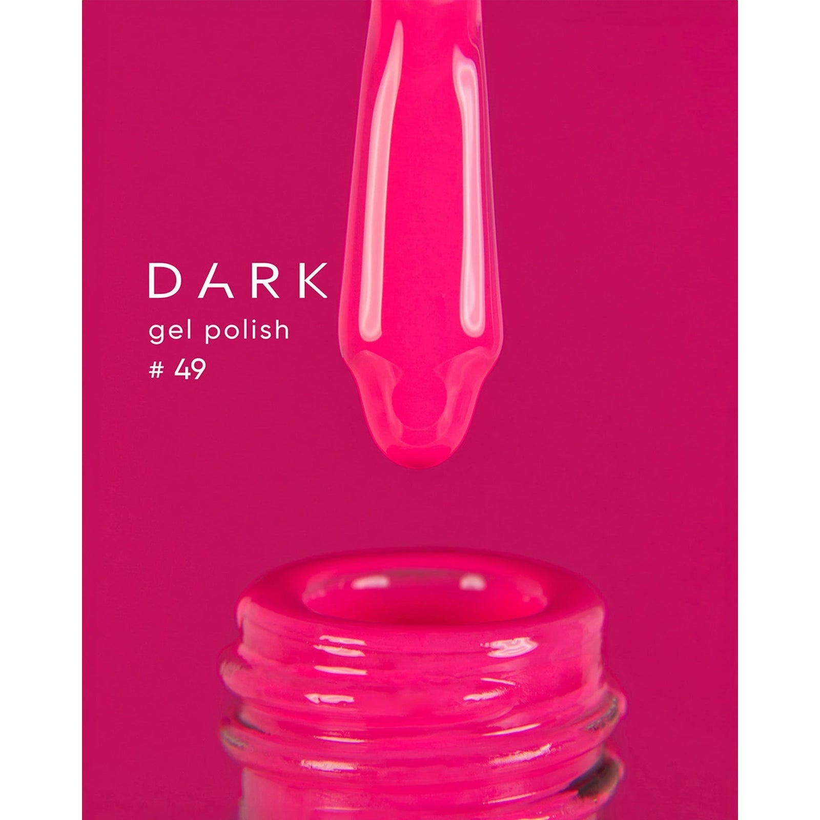 Bright pink gel polish bottle with applicator, labeled dark gel polish #49 for manicure