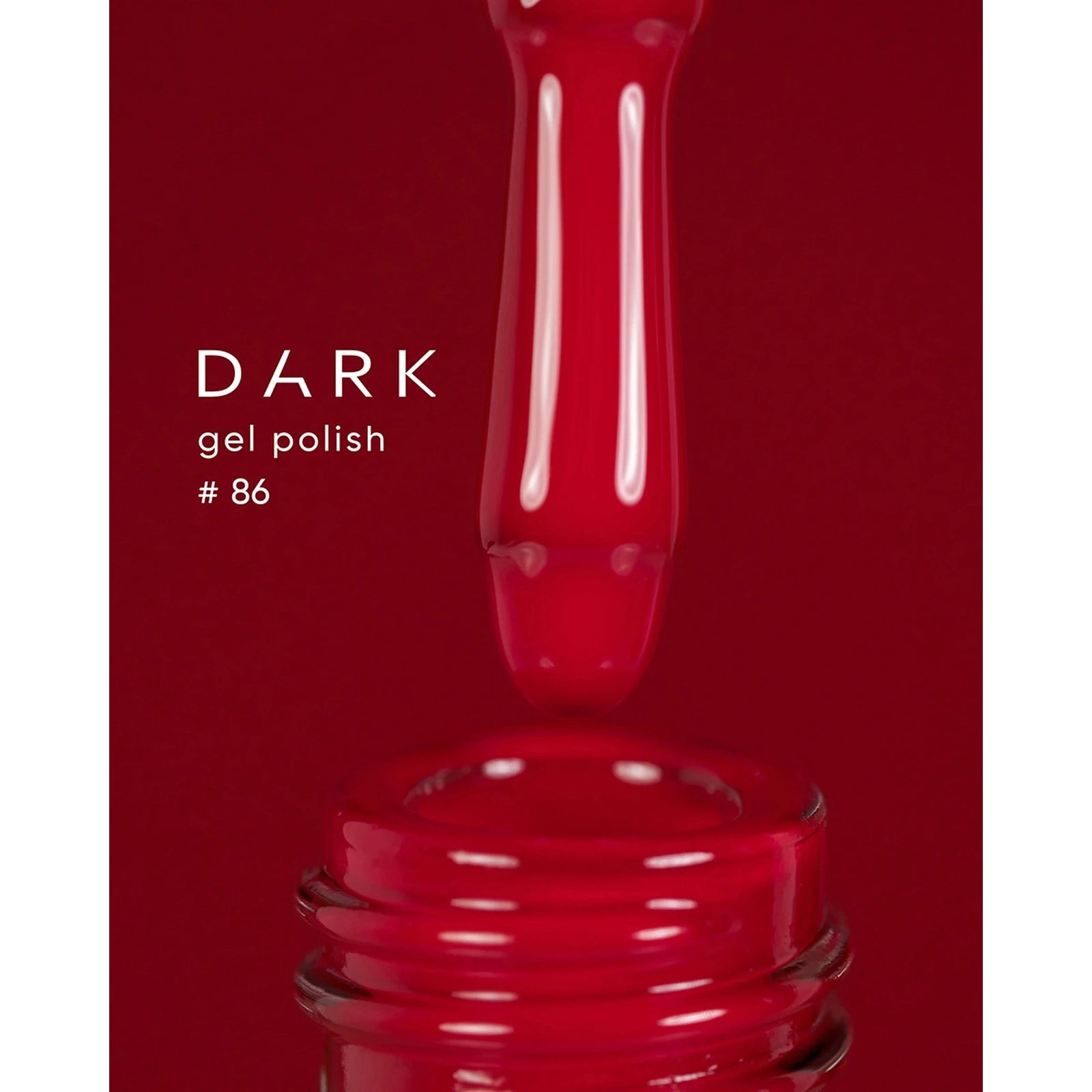 Red gel polish bottle with brush applicator, labeled Dark gel polish #86, on red background