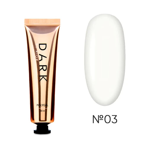 Tube of dark polygel nail gel and a swatch of milky white shade No. 03 for manicure
