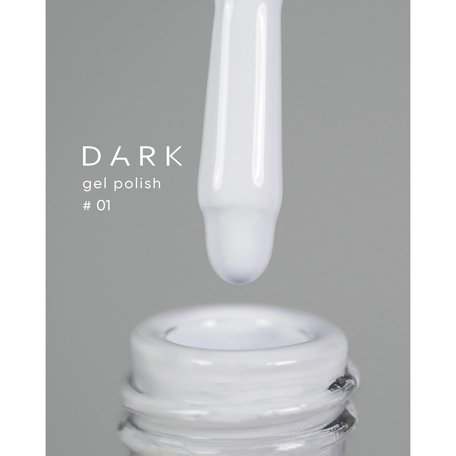 White gel nail polish applicator above open bottle, labeled Dark gel polish #01