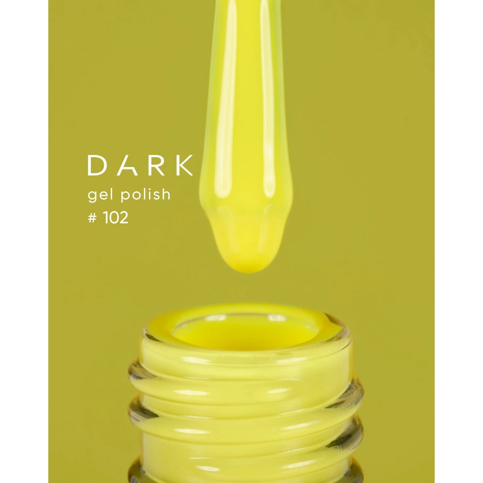 Yellow gel nail polish dropper over open bottle, labeled Dark gel polish #102