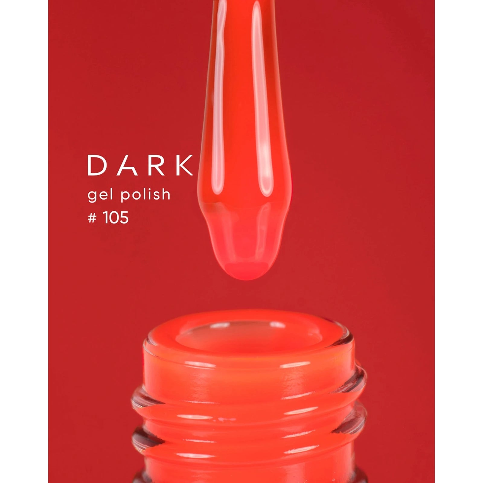 Red gel nail polish bottle with brush, labeled Dark gel polish #105, on red background