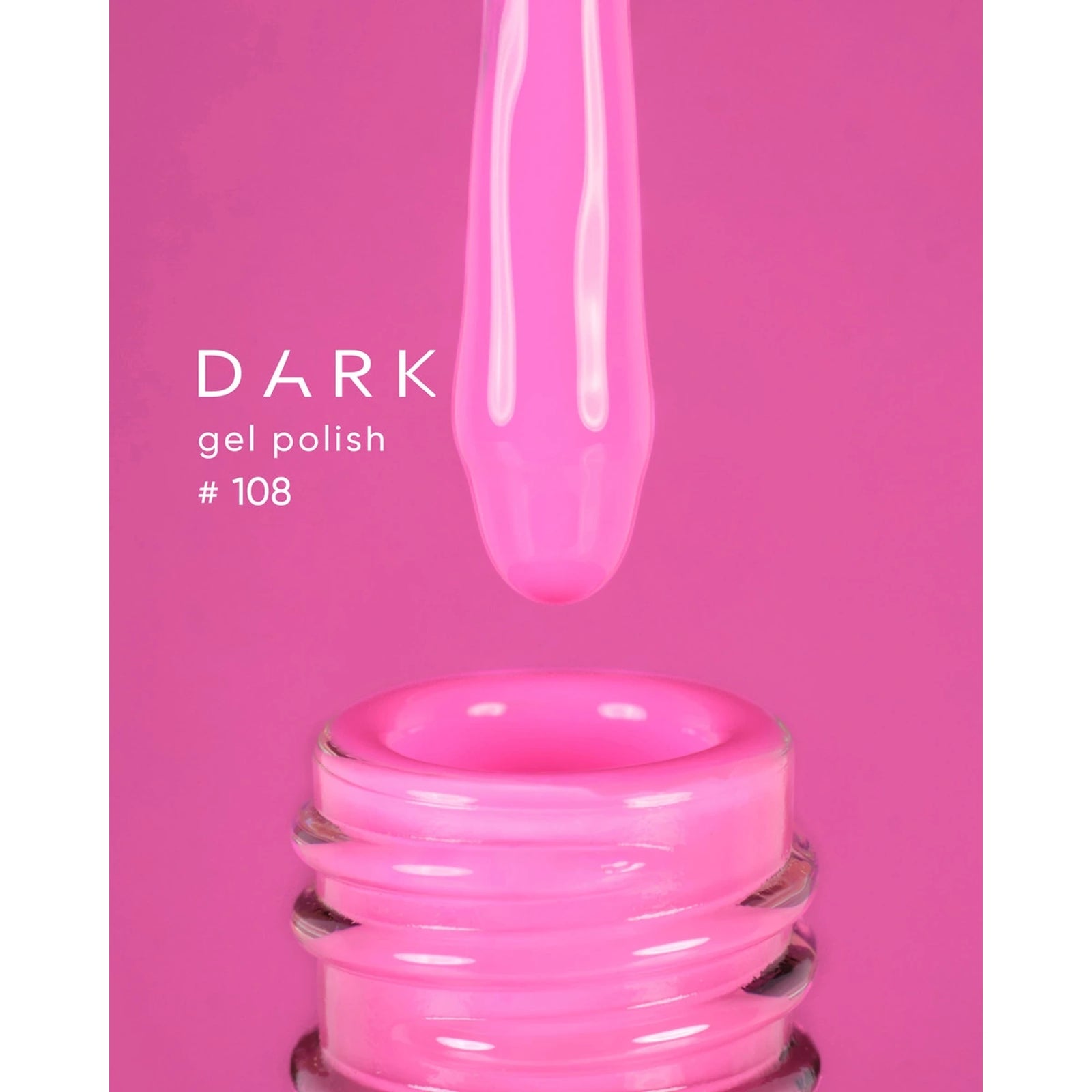 Bright pink gel polish drop above open bottle, labeled Dark gel polish #108, on pink background