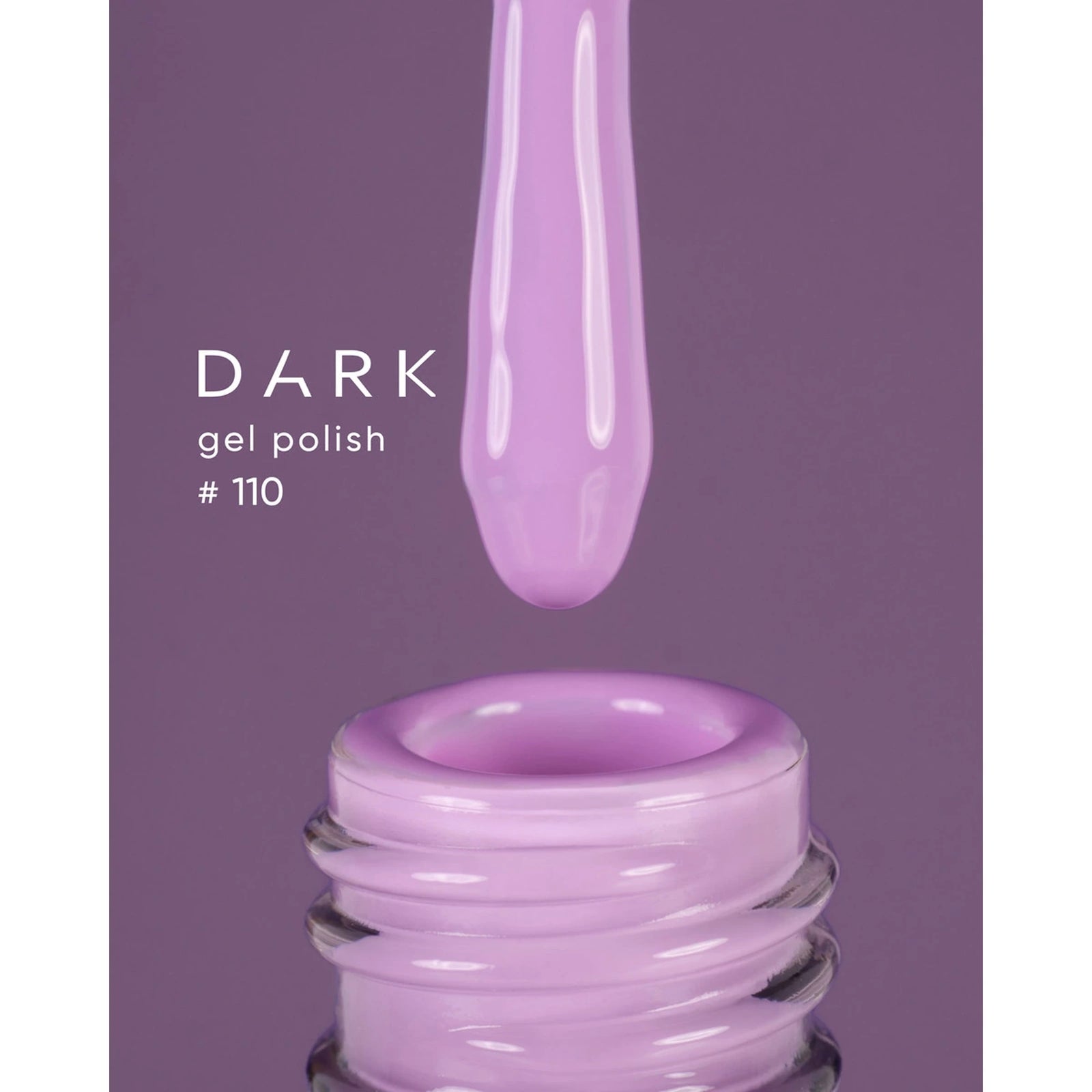 Lavender gel nail polish bottle with applicator brush, shade 110, against purple background