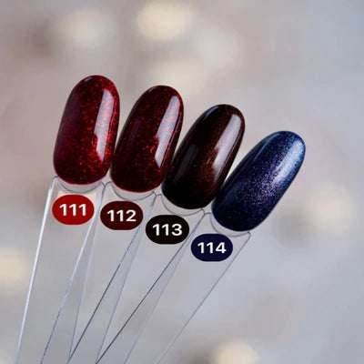 Four nail polish color samples in dark red, burgundy, brown, and navy blue with glitter, labeled 111 to 114.