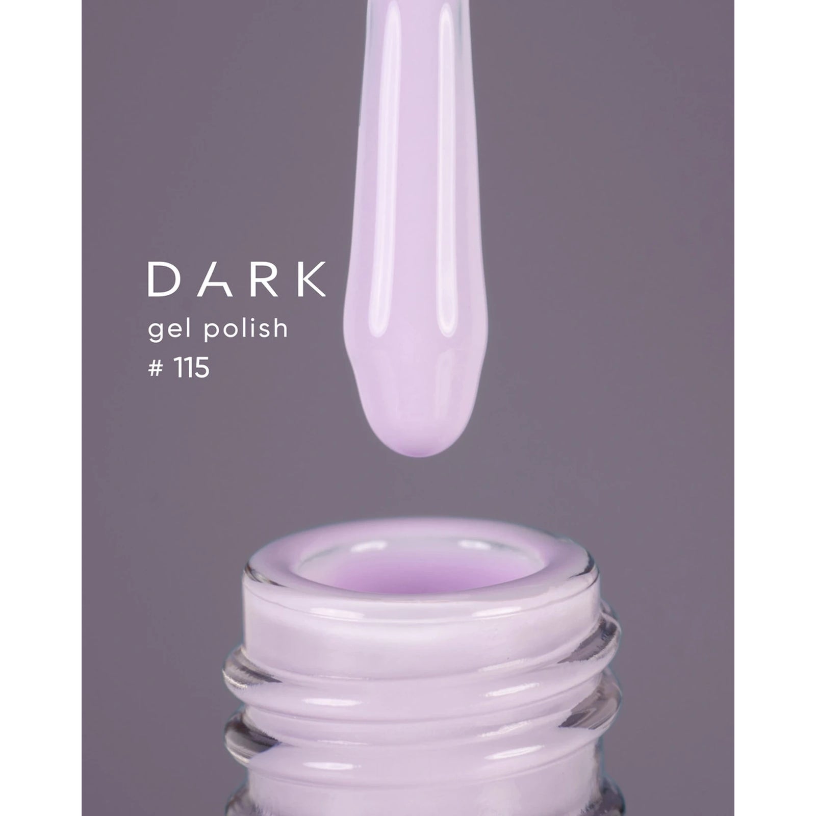 Light purple gel nail polish on brush above open bottle, labeled dark gel polish 115