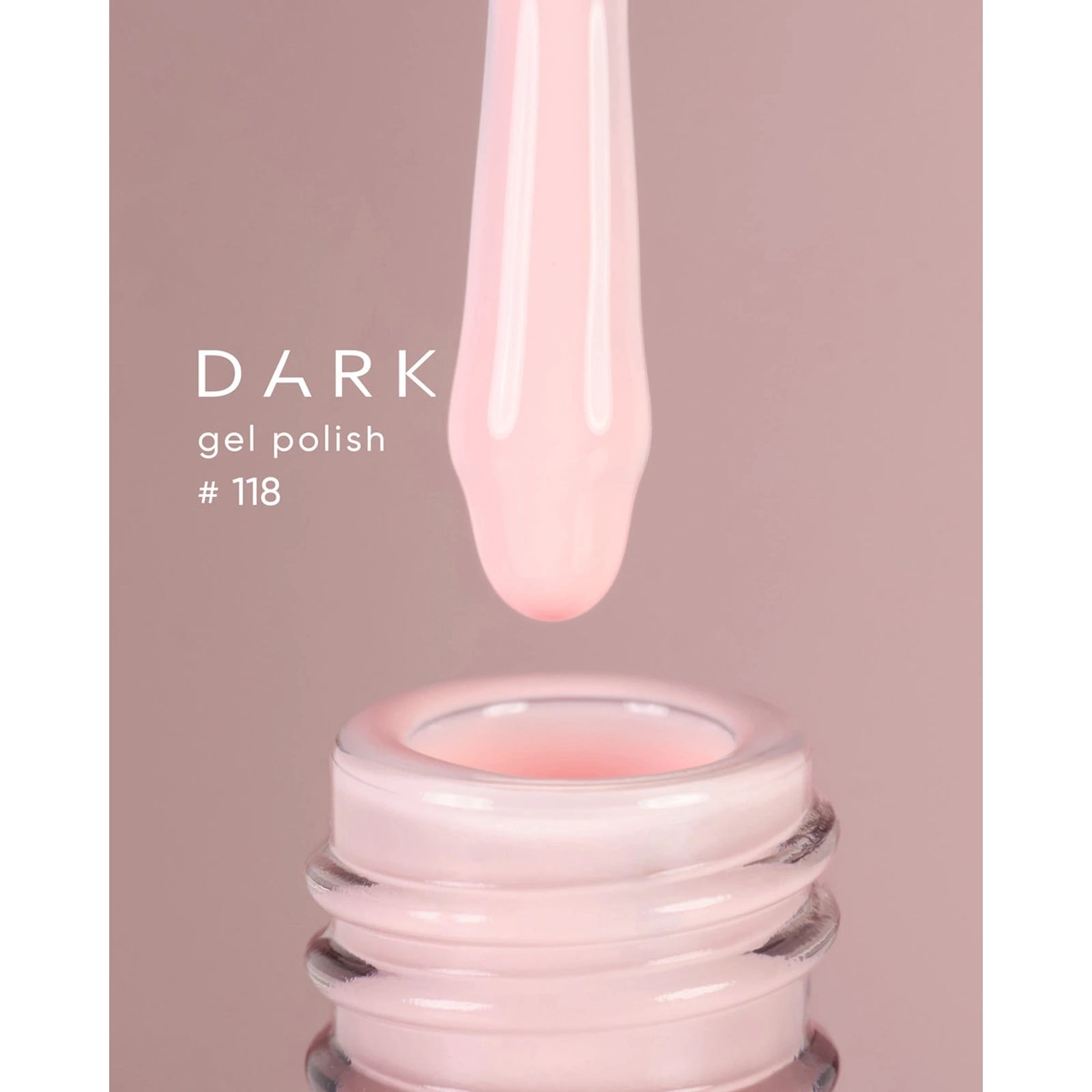 Light pink gel polish bottle with applicator brush, labeled Dark gel polish #118