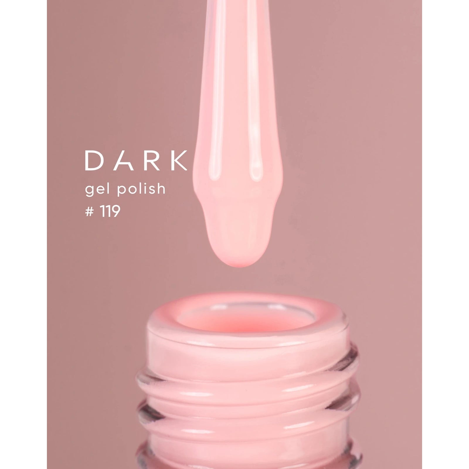 Pink gel nail polish bottle with brush, labeled DARK gel polish #119
