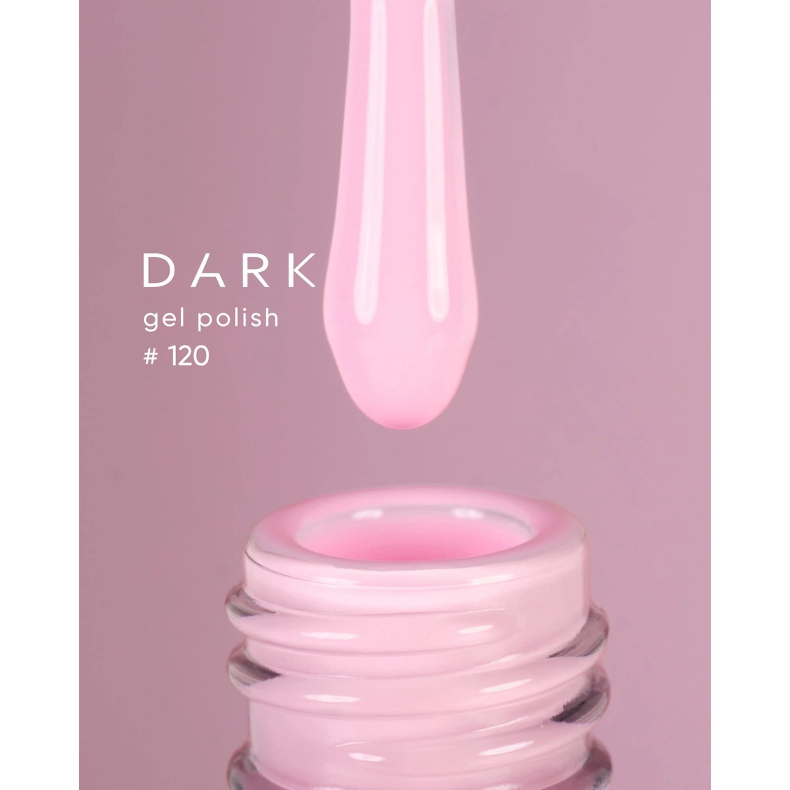 Pink gel nail polish bottle with brush, shade 120, on pastel background.