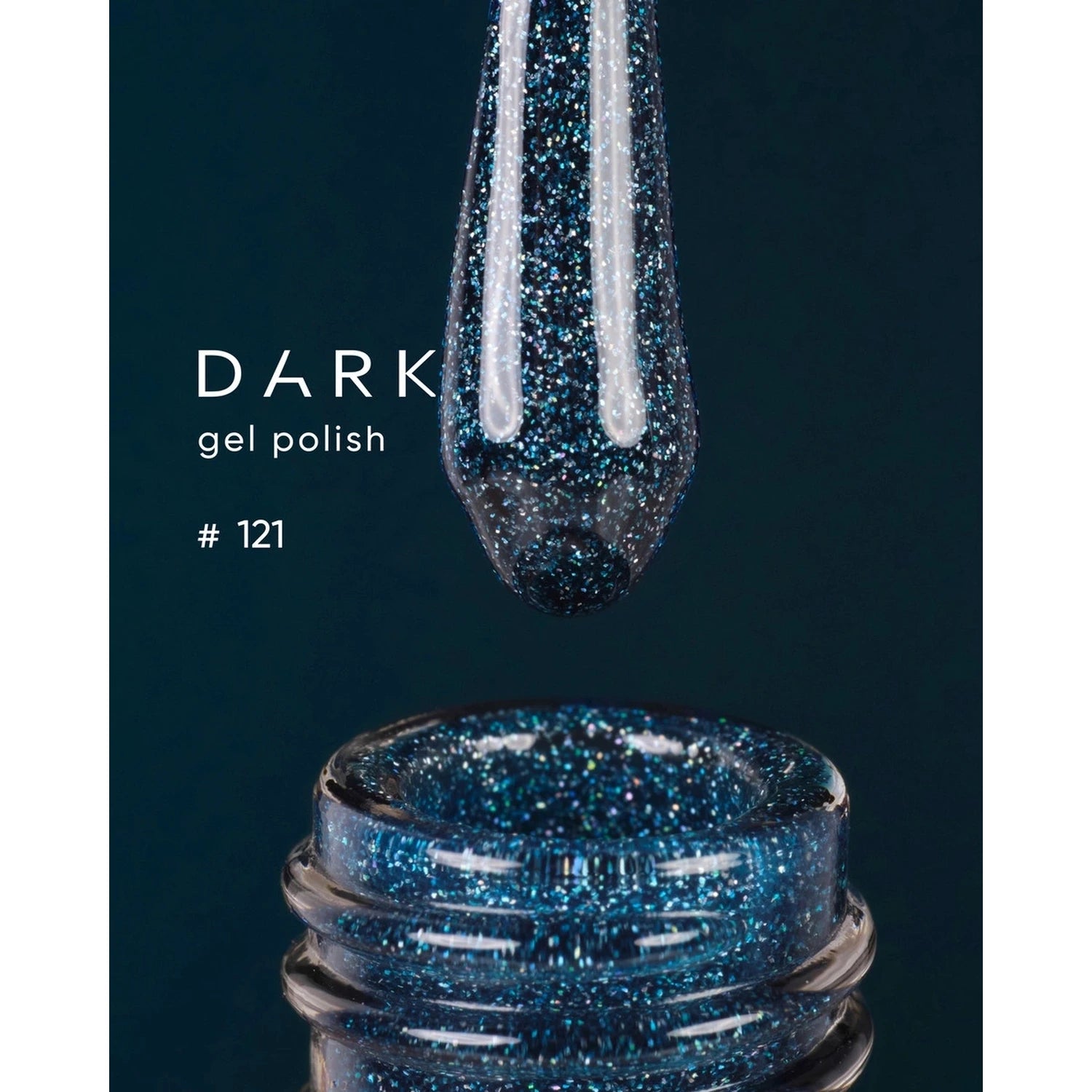 Dark blue glitter gel polish, shade 121, shown on a brush over open bottle