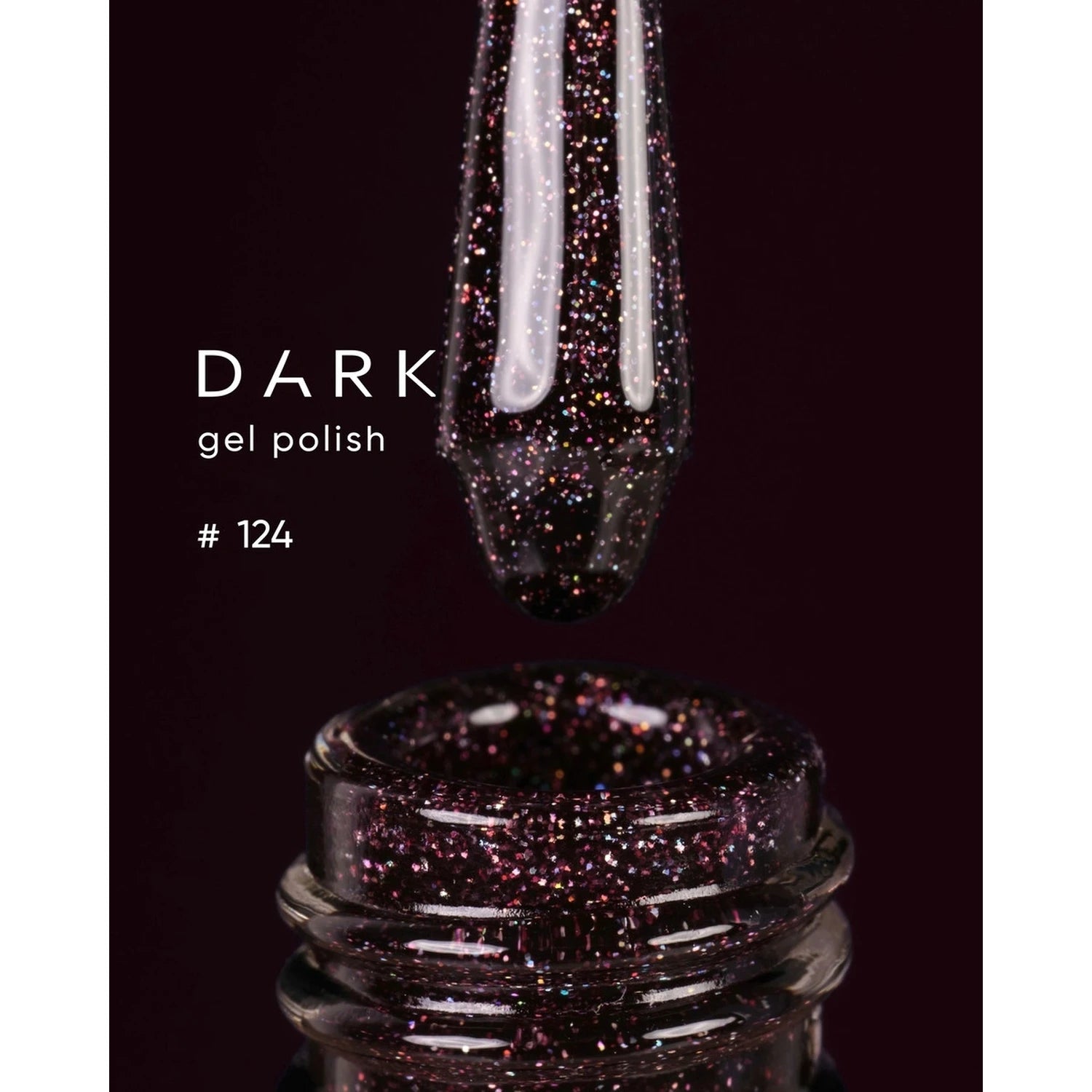 Dark glitter gel polish in bottle, close-up with applicator, shade 124, professional nail product.