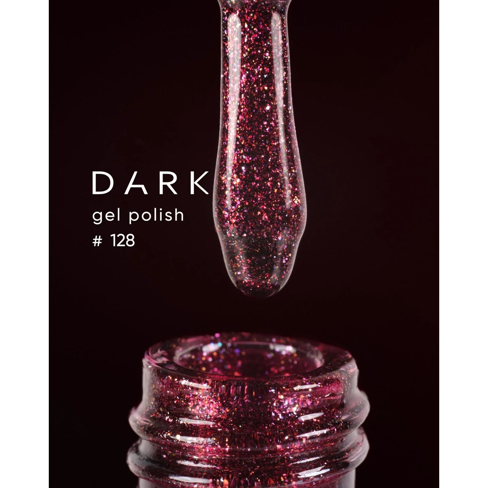 Dark gel polish #128 with glitter, open bottle and brush, professional nail product