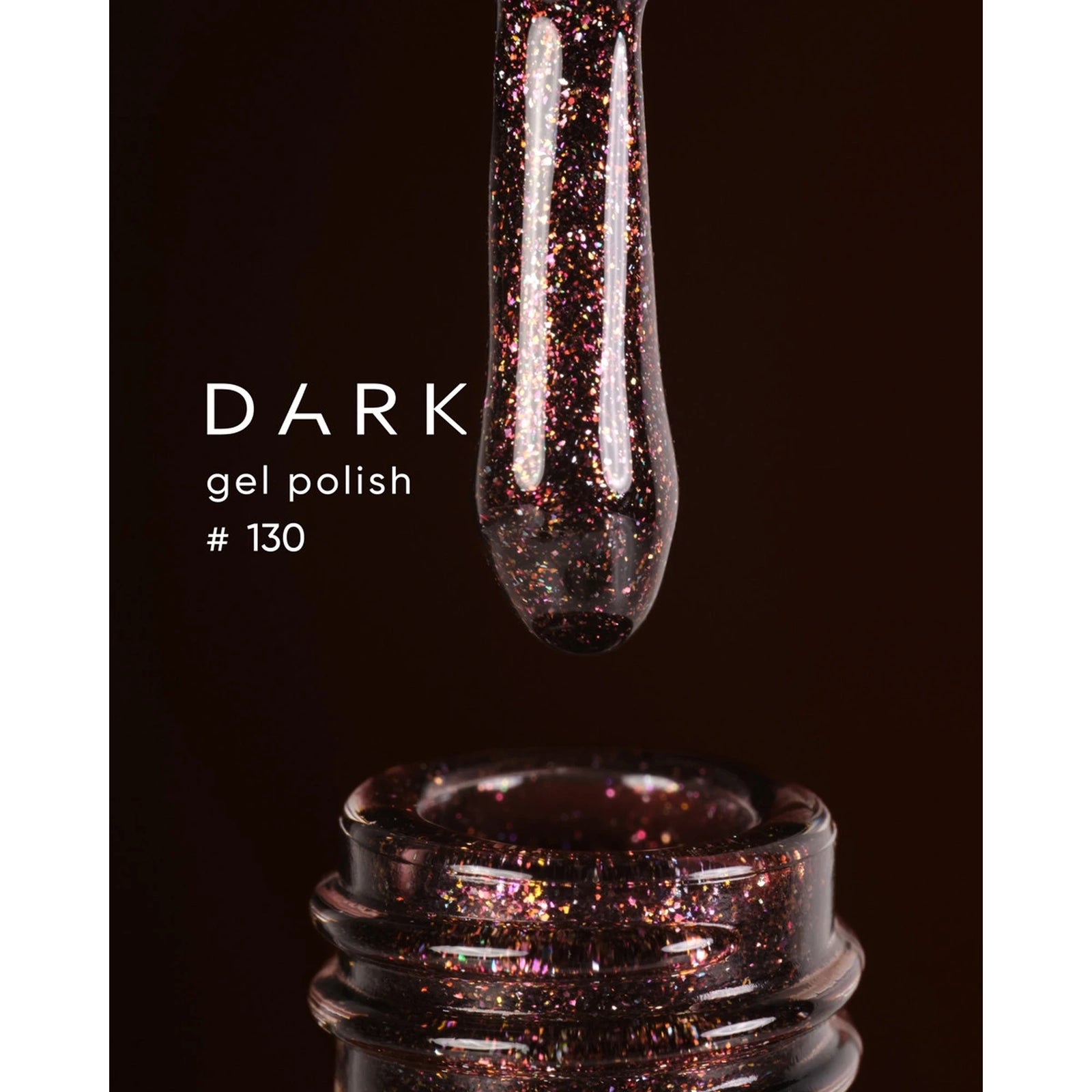 Dark glitter gel polish number 130 with brush and open bottle, professional nail product.
