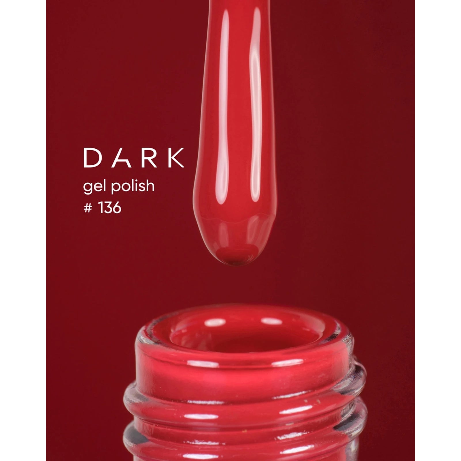 Red gel polish bottle with dropper, labeled DARK gel polish #136, on red background