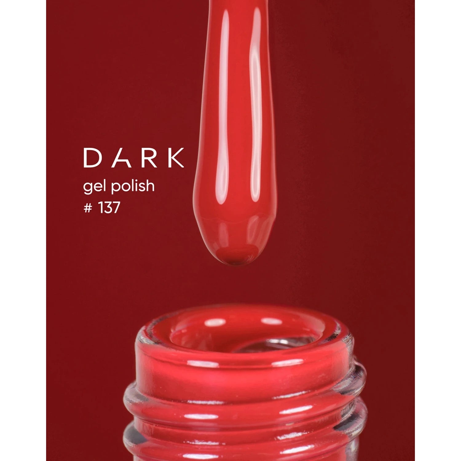 Red gel nail polish drop and bottle, dark shade 137, professional manicure product.