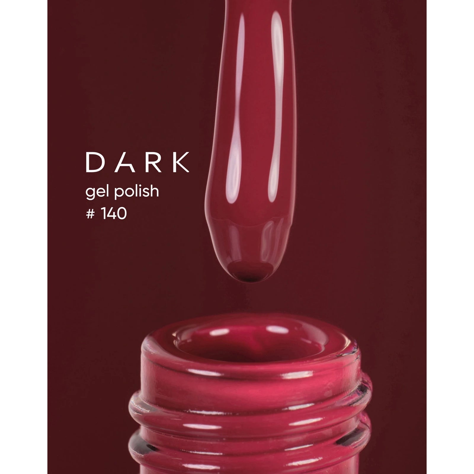Dark burgundy gel nail polish bottle with brush, shade 140, professional manicure