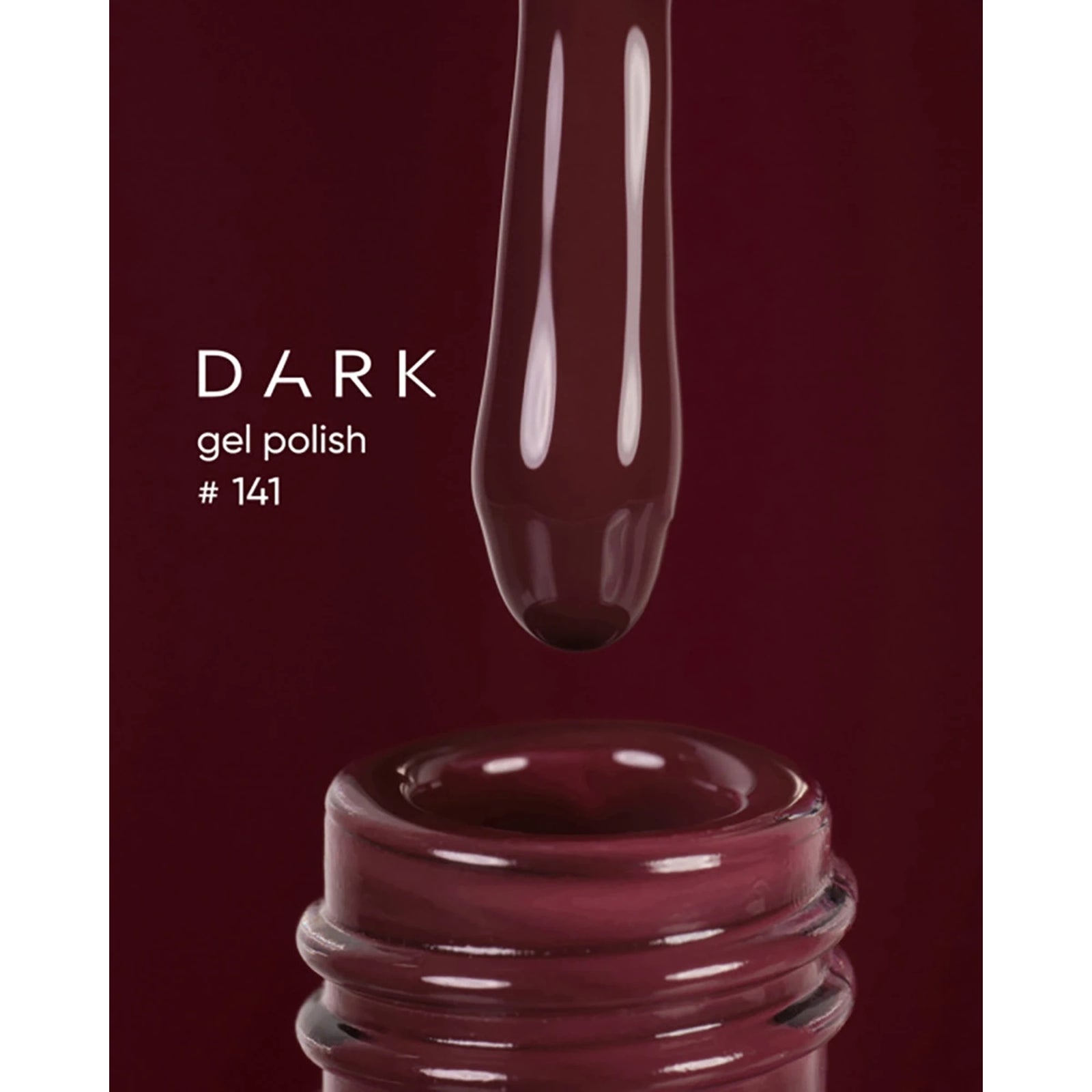 Dark gel polish #141, rich burgundy nail polish dripping from brush into bottle