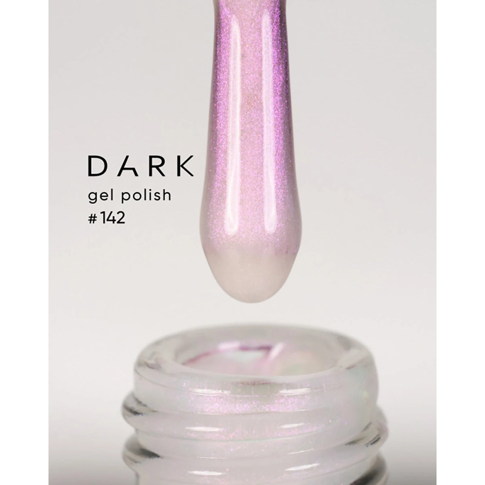 Iridescent pink gel nail polish on brush above bottle, labeled Dark gel polish #142.