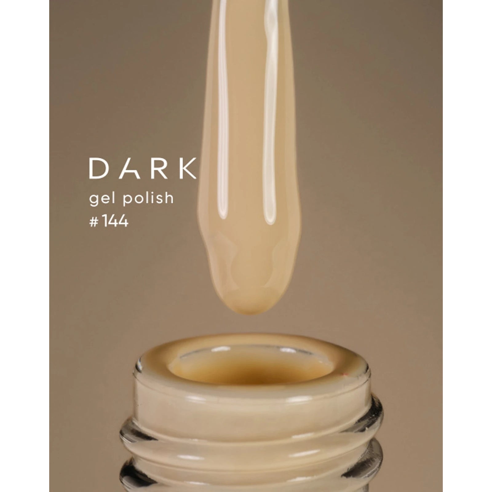 Beige gel nail polish brush over open bottle, labeled Dark gel polish #144