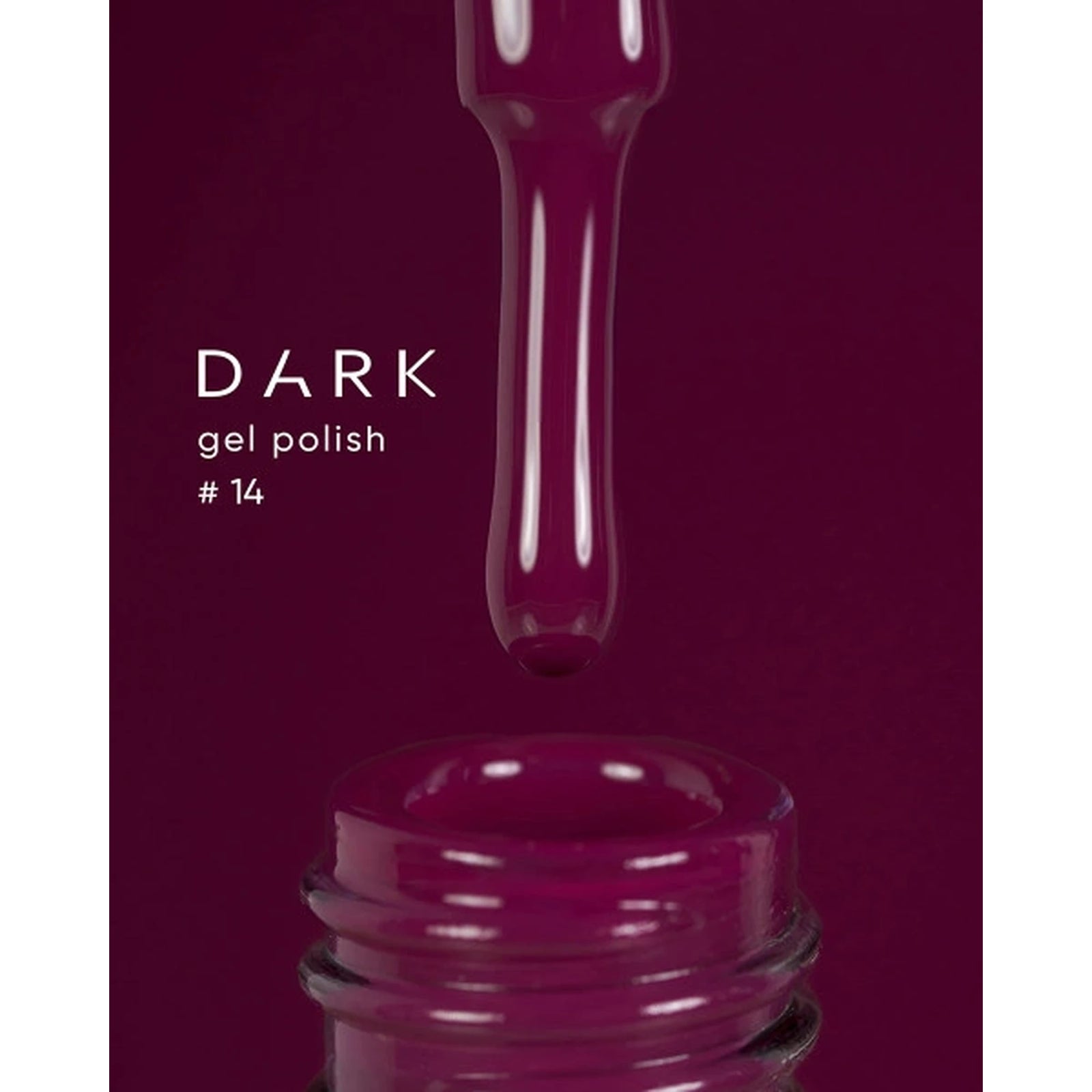Dark purple gel nail polish dropper over open bottle, labeled gel polish #14
