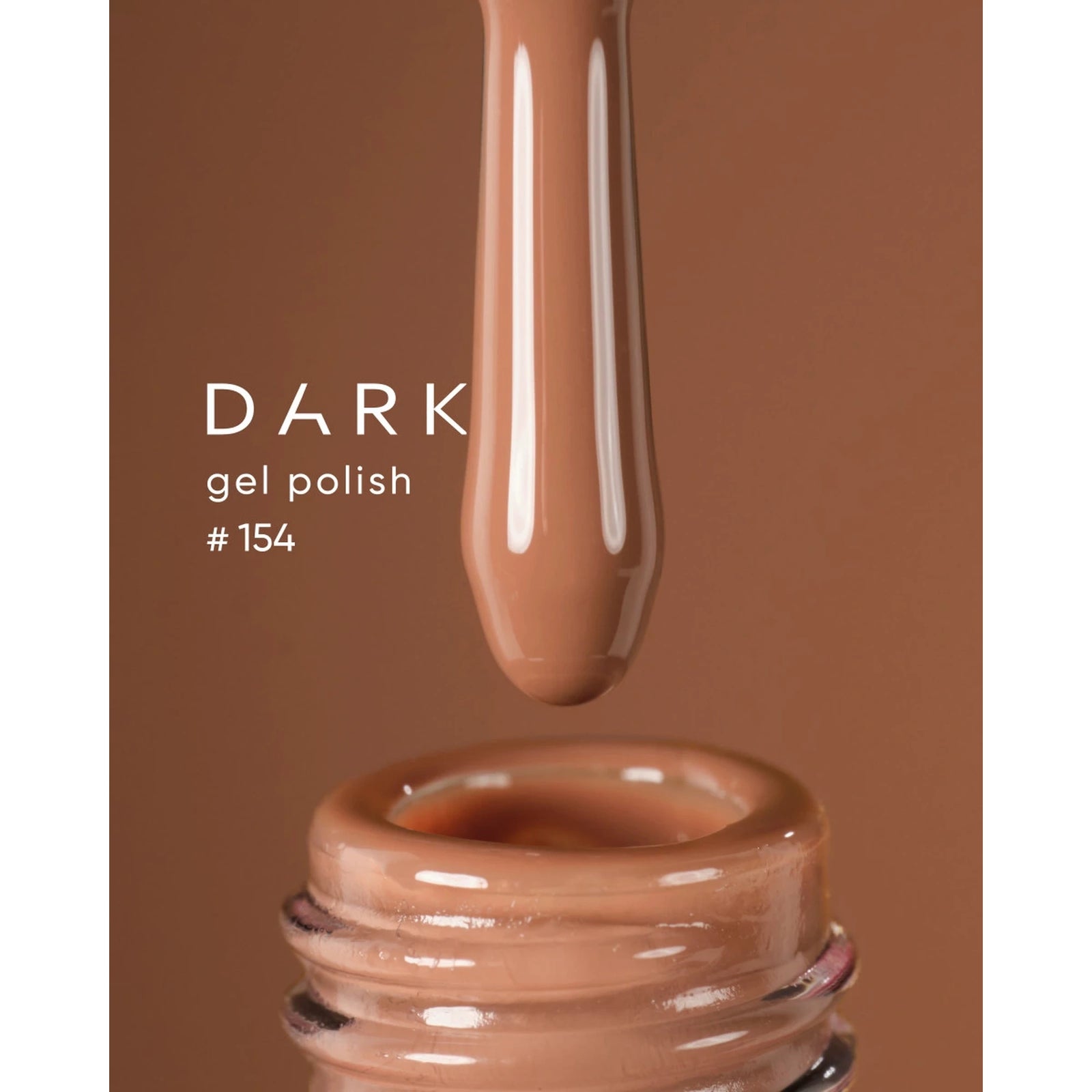 Brown gel nail polish dropper above open bottle, labeled dark gel polish #154