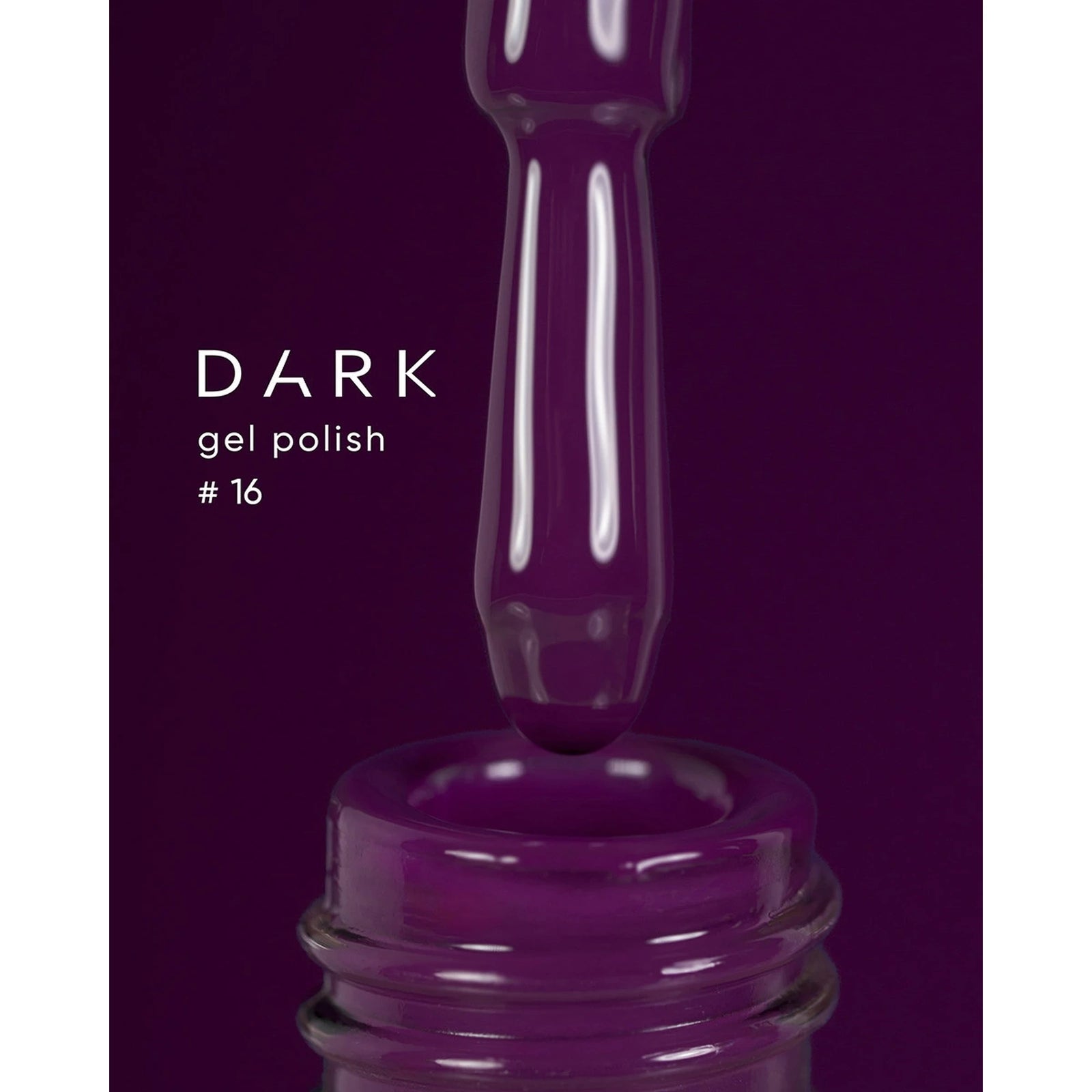 Dark purple gel nail polish with brush above open bottle, labeled gel polish #16