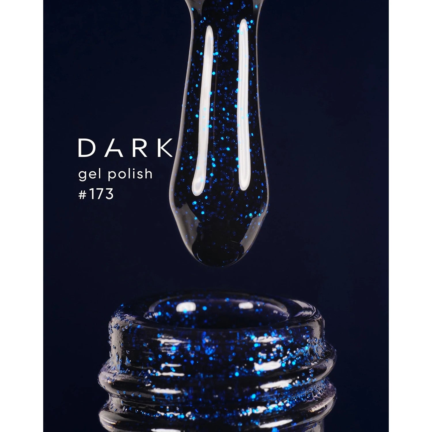 Dark gel polish #173 with blue glitter, close-up of brush and open bottle